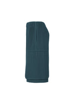 The MONTHLY COLORS : SEPTEMBER skirt by HOMME PLISSÉ ISSEY MIYAKE is a teal, knee-length piece featuring a vertical ribbed texture, an elastic waistband, and a relaxed fit. Crafted from quick-drying polyester for easy care, the skirt is displayed in a side view against a plain white background.