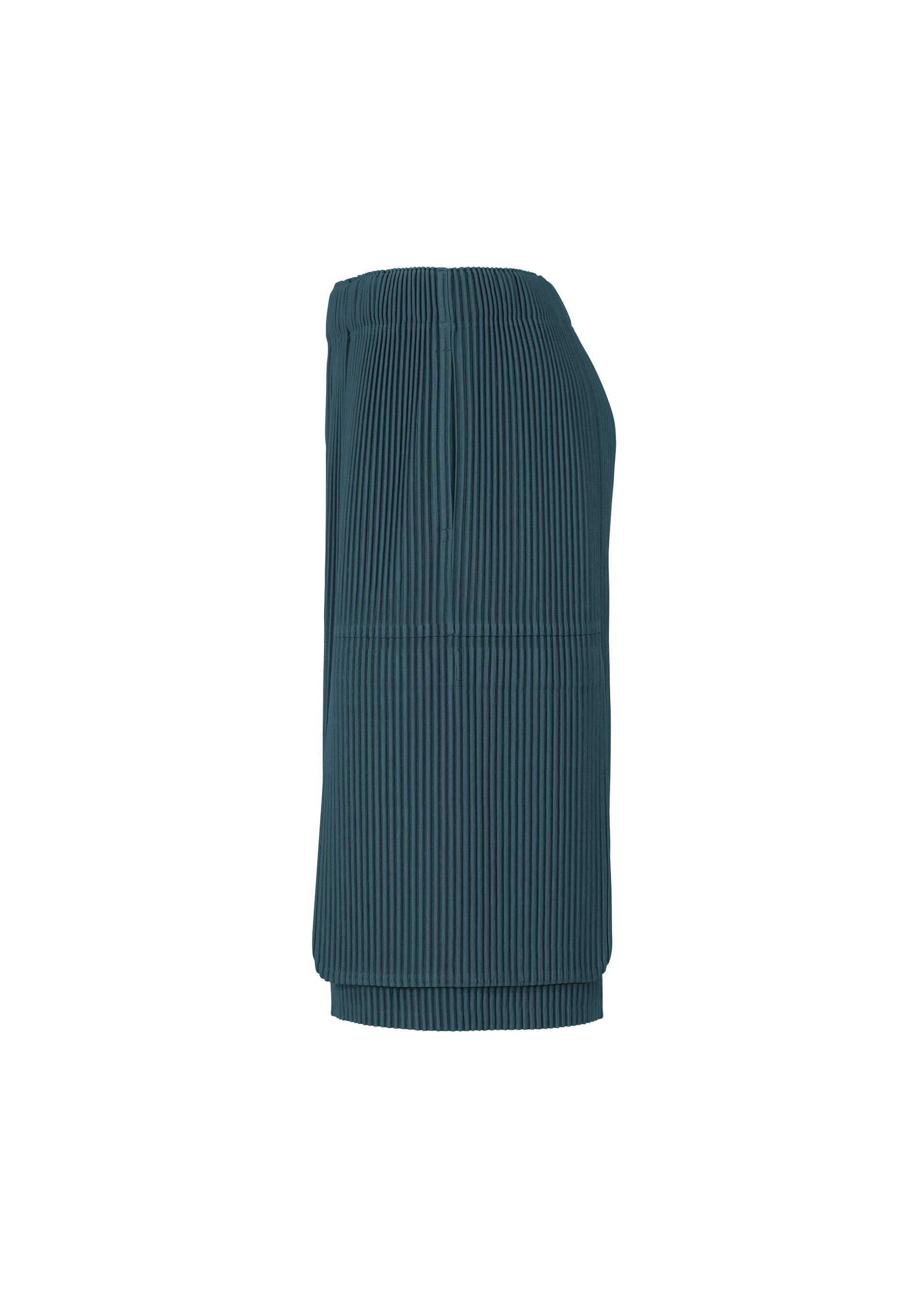 Zoomed view The MONTHLY COLORS : SEPTEMBER skirt by HOMME PLISSÉ ISSEY MIYAKE is a teal, knee-length piece featuring a vertical ribbed texture, an elastic waistband, and a relaxed fit. Crafted from quick-drying polyester for easy care, the skirt is displayed in a side view against a plain white background.