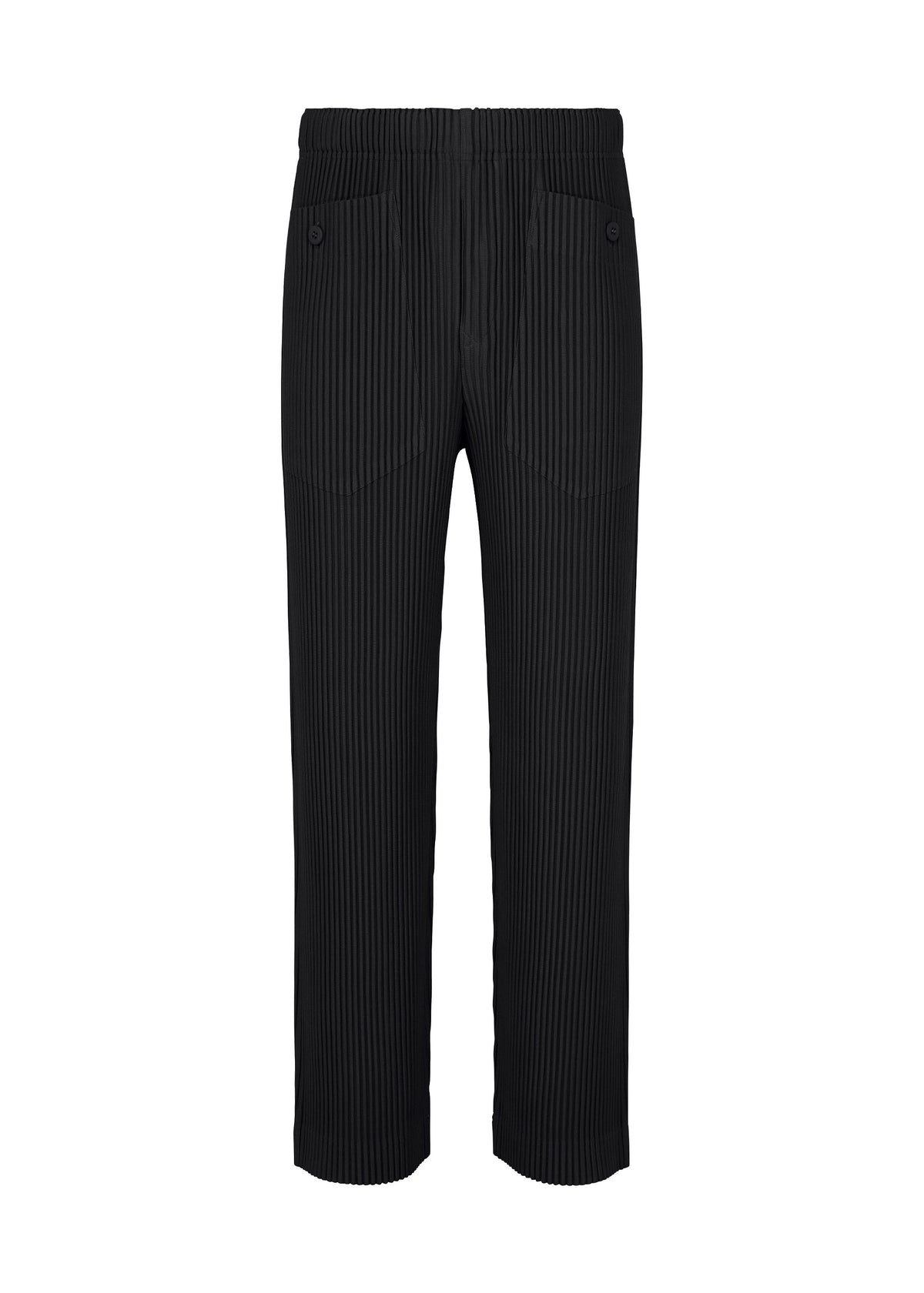 Zoomed view MONTHLY COLORS : OCTOBER by HOMME PLISSÉ ISSEY MIYAKE: black pinstriped straight pants with an elastic waistband, button-flap front pockets, and quick-drying polyester. Shown on a plain white background. - BLACK （no.15）