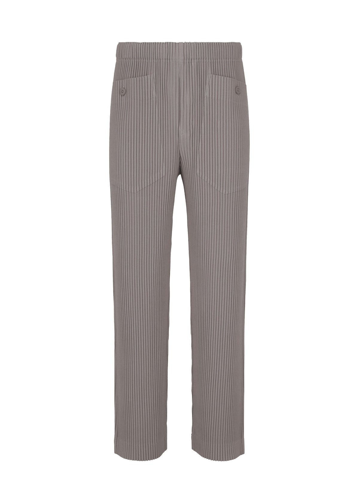 Zoomed view MONTHLY COLORS : OCTOBER by HOMME PLISSÉ ISSEY MIYAKE—gray pleated straight pants with subtle vertical stripes, quick-drying polyester, two front pockets, shown on a plain white background. - DIM GRAY （no.18）