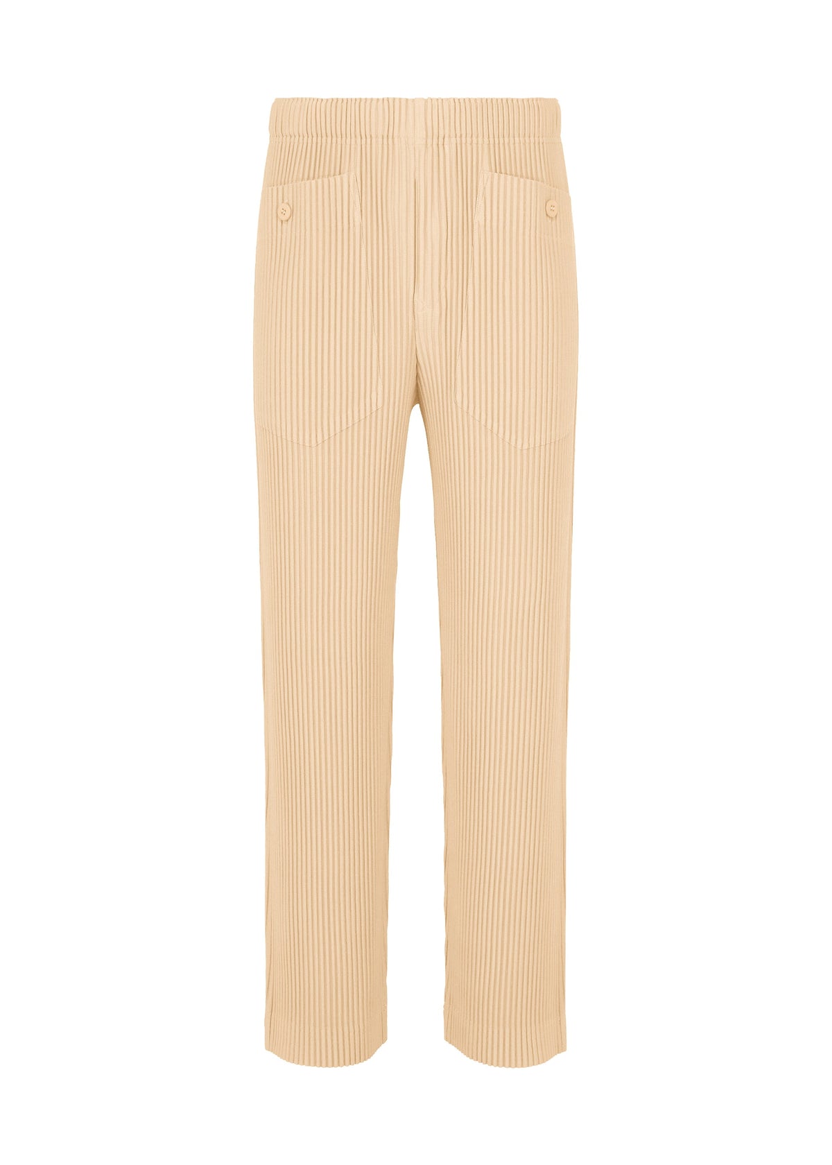 MONTHLY COLORS : OCTOBER by HOMME PLISSÉ ISSEY MIYAKE—beige ribbed straight pants in quick-drying polyester with an elastic waistband, two front buttoned pockets, and textured fabric, shown on a white background. view 3 of 7