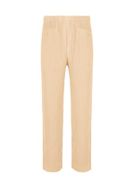 MONTHLY COLORS : OCTOBER by HOMME PLISSÉ ISSEY MIYAKE—beige ribbed straight pants in quick-drying polyester with an elastic waistband, two front buttoned pockets, and textured fabric, shown on a white background. - GLOW CREAM （no.42）