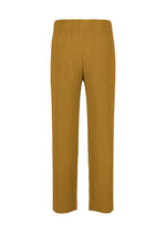 MONTHLY COLORS : OCTOBER by HOMME PLISSÉ ISSEY MIYAKE are straight-leg mustard yellow pleated pants in quick-drying polyester, with an elastic waistband, shown on a white background.