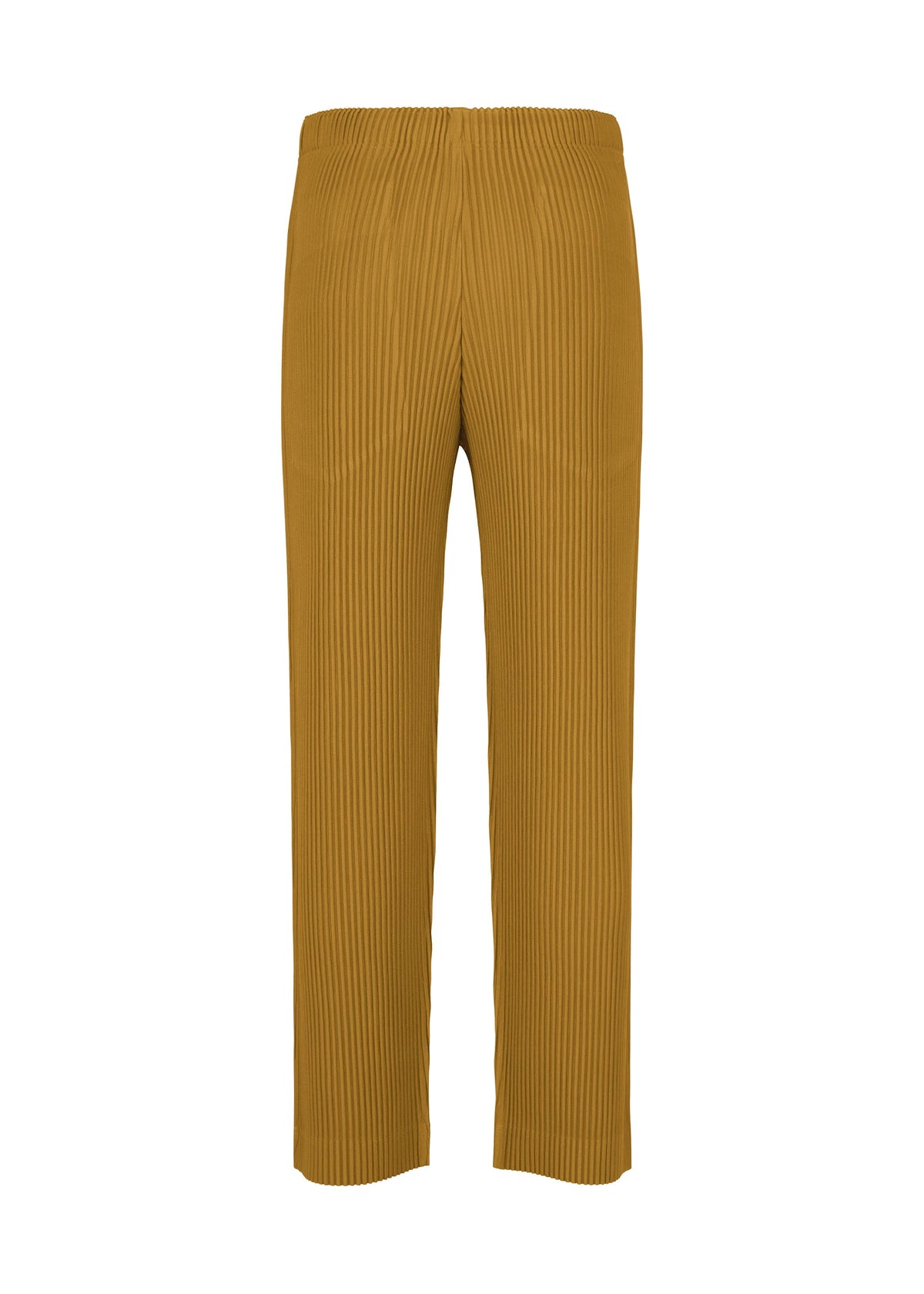 Zoomed view MONTHLY COLORS : OCTOBER by HOMME PLISSÉ ISSEY MIYAKE are straight-leg mustard yellow pleated pants in quick-drying polyester, with an elastic waistband, shown on a white background.