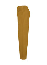 Side view of mustard yellow, high-waisted, ribbed straight pants with a pocket and vertical lines. The MONTHLY COLORS : OCTOBER by HOMME PLISSÉ ISSEY MIYAKE is made from quick-drying polyester—ideal for fall/winter layering.