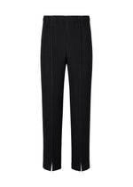 TAILORED PLEATS 1 trousers by HOMME PLISSÉ ISSEY MIYAKE feature a straight-leg silhouette with subtle vertical white pinstripes and center-pressed detailing. Designed with an elastic waistband and front hem slits on each leg, these pants are presented against a plain white background. - BLACK （no.15）