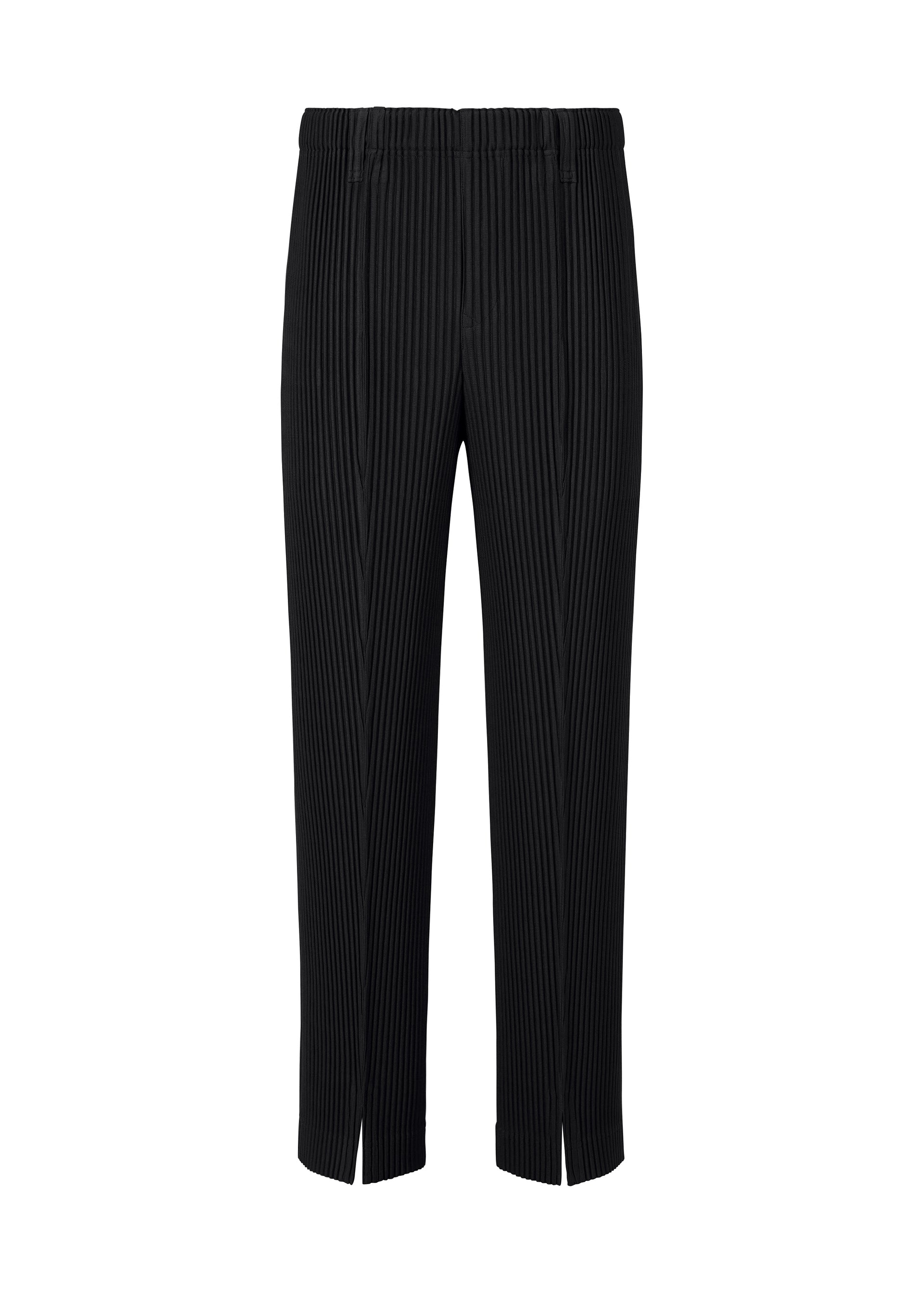 Zoomed view TAILORED PLEATS 1 trousers by HOMME PLISSÉ ISSEY MIYAKE feature a straight-leg silhouette with subtle vertical white pinstripes and center-pressed detailing. Designed with an elastic waistband and front hem slits on each leg, these pants are presented against a plain white background. - BLACK （no.15）