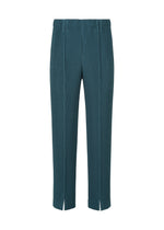 The TAILORED PLEATS 1 pants by HOMME PLISSÉ ISSEY MIYAKE are teal blue pleated trousers featuring vertical stripes, an elastic waistband, and short front slits at the hem. Made from quick-drying polyester, these formal-casual pants showcase a center-pressed design for a refined appearance and are displayed against a plain white background. - SHADOW BLUE （no.76）