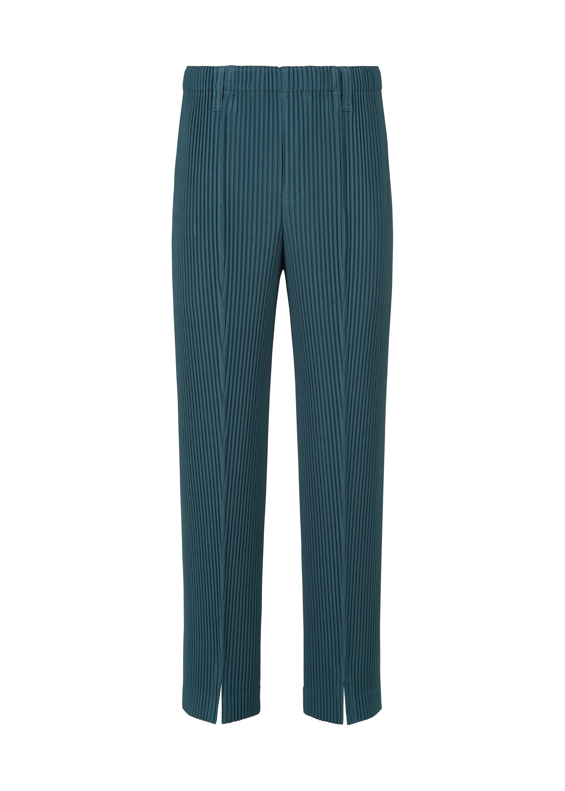 Zoomed view The TAILORED PLEATS 1 pants by HOMME PLISSÉ ISSEY MIYAKE are teal blue pleated trousers featuring vertical stripes, an elastic waistband, and short front slits at the hem. Made from quick-drying polyester, these formal-casual pants showcase a center-pressed design for a refined appearance and are displayed against a plain white background. - SHADOW BLUE （no.76）