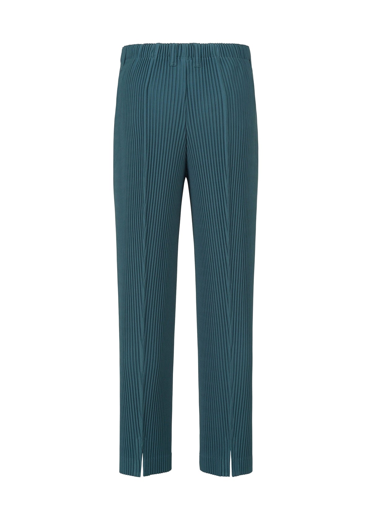 The TAILORED PLEATS 1 pants by HOMME PLISSÉ ISSEY MIYAKE feature a teal hue, straight-leg cut, elastic waistband, center-pressed pleats, and subtle front hem slits. Crafted from quick-drying polyester, they offer comfort and style for all-day wear. view 3 of 7
