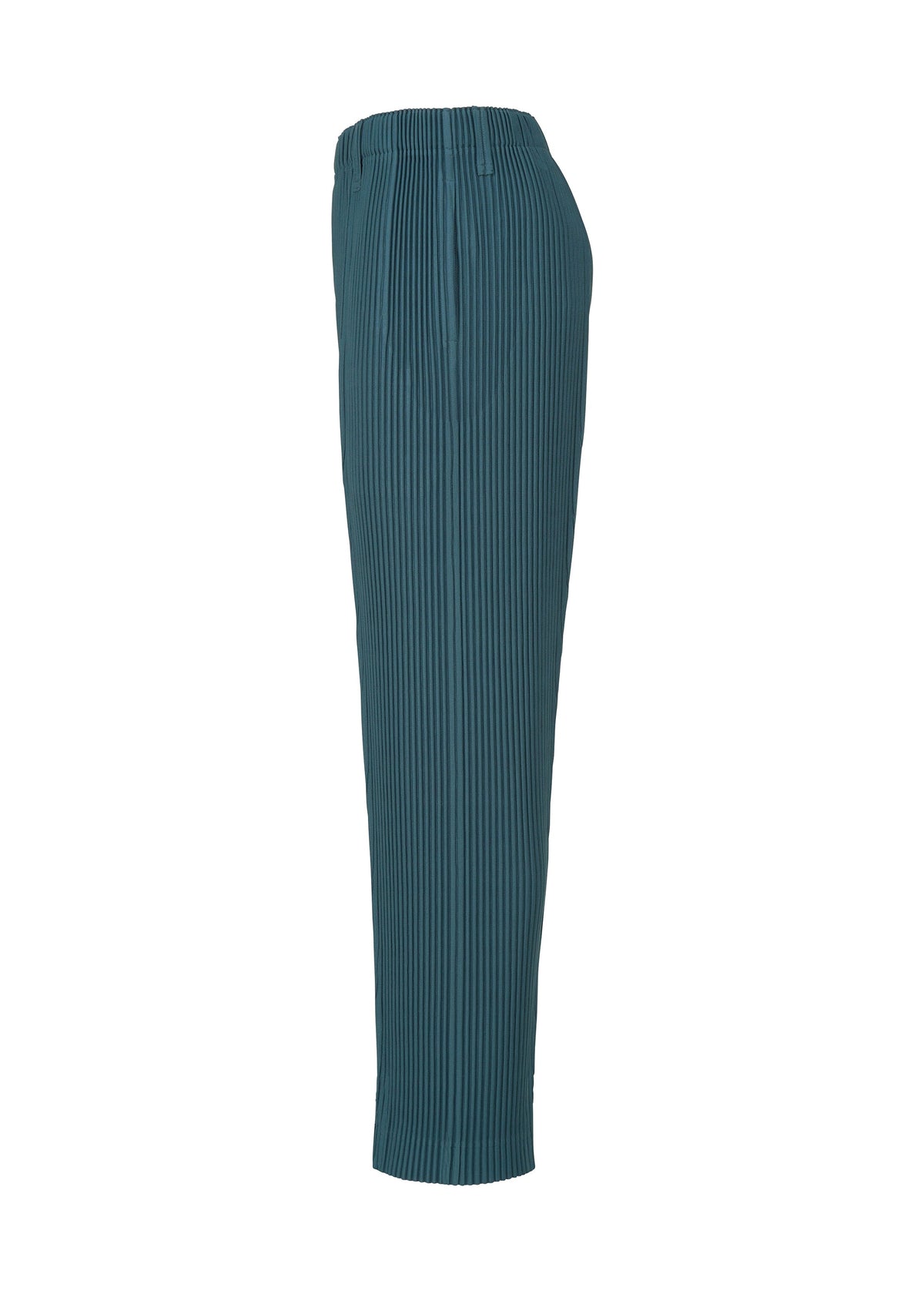 The TAILORED PLEATS 1 pants by HOMME PLISSÉ ISSEY MIYAKE are shown in teal from a side view against a white background. Made from quick-drying polyester, these formal-casual pants feature pleats, an elastic waistband, and a straight, relaxed fit. view 4 of 7