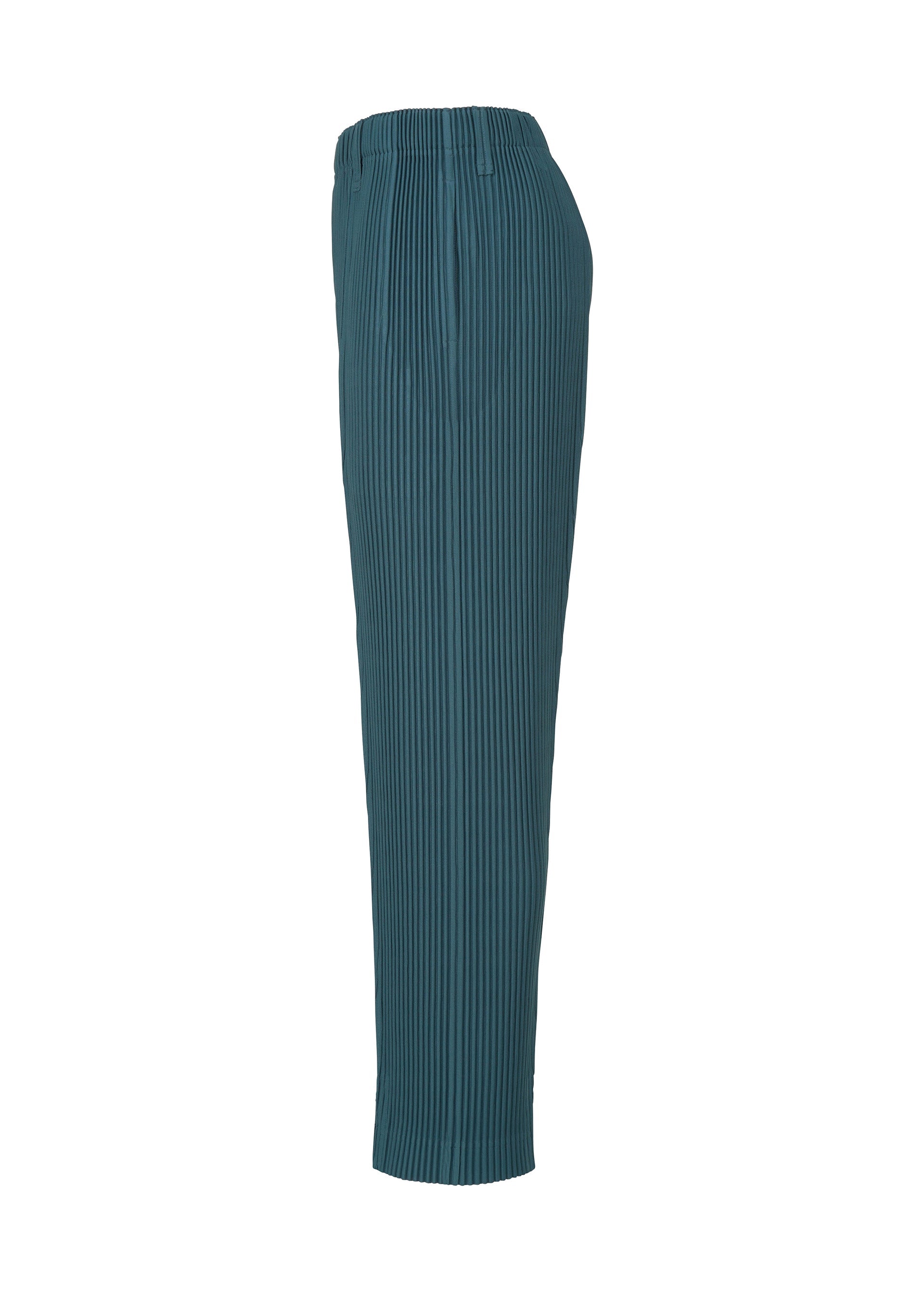 Zoomed view The TAILORED PLEATS 1 pants by HOMME PLISSÉ ISSEY MIYAKE are shown in teal from a side view against a white background. Made from quick-drying polyester, these formal-casual pants feature pleats, an elastic waistband, and a straight, relaxed fit.
