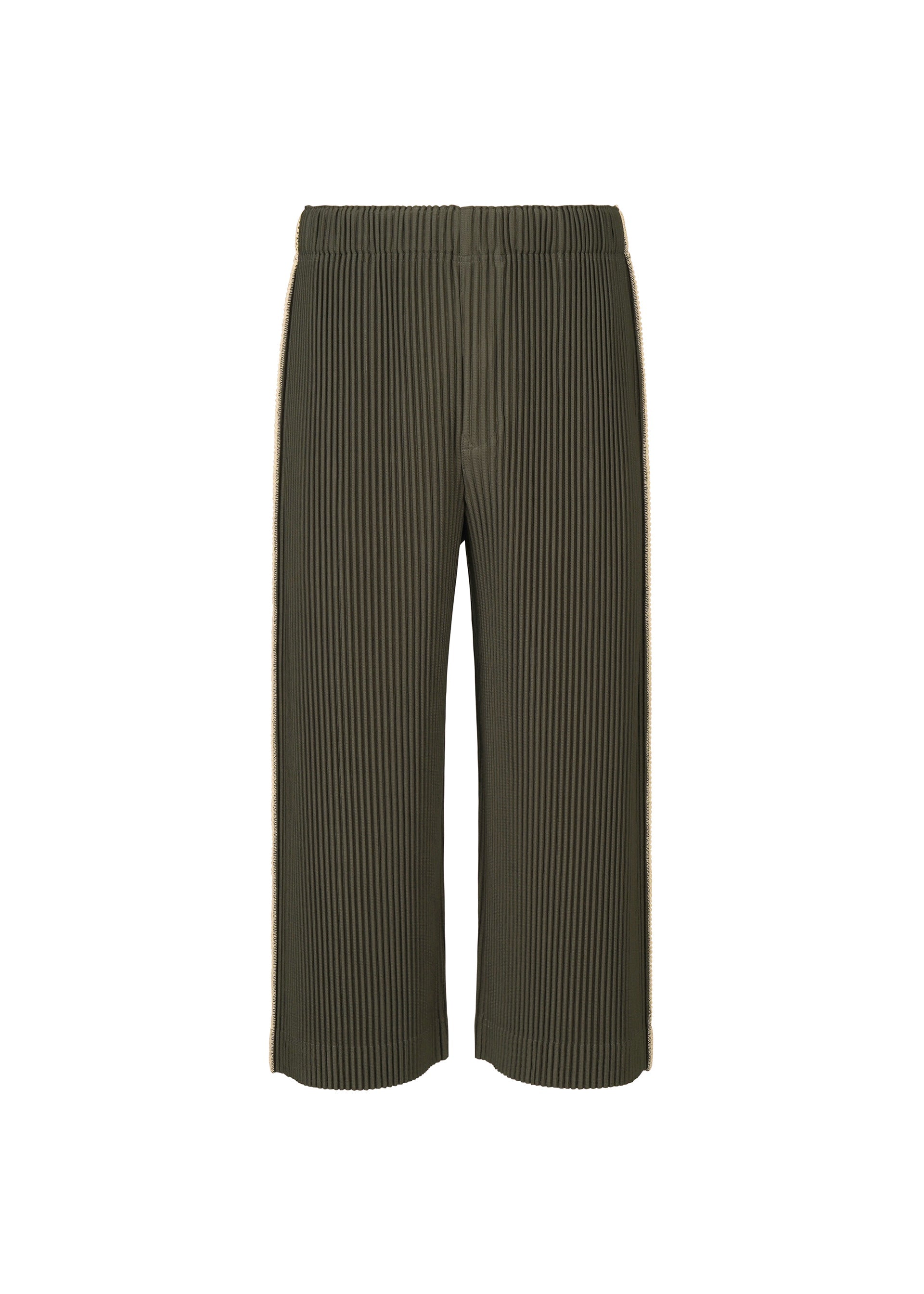 Zoomed view EMBROIDERY STRIPES by HOMME PLISSÉ ISSEY MIYAKE are olive green, wide-leg cropped pants featuring vertical pleats and an elastic waistband, displayed against a white background. These stylish cropped pants deliver both comfort and sophistication for any casual occasion. - SHADE GRAYISH BROWN （no.47）