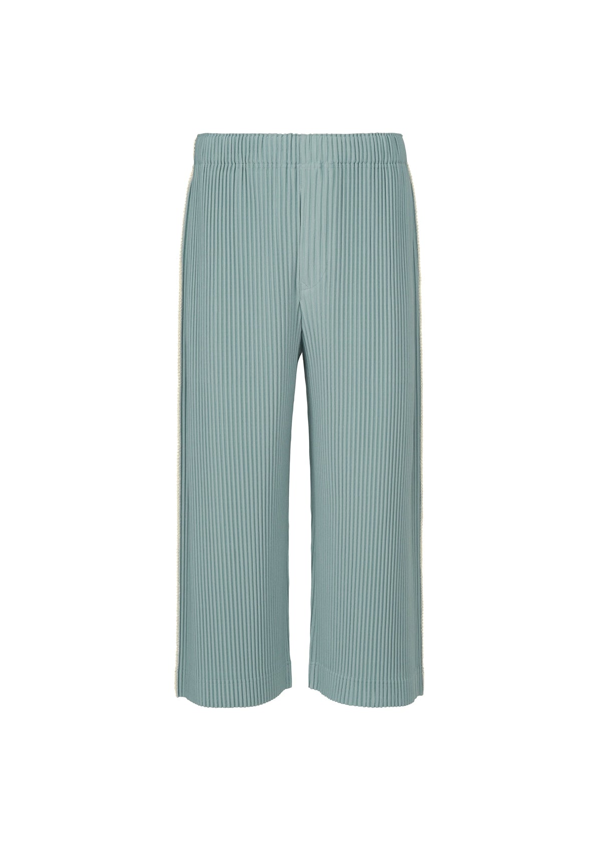EMBROIDERY STRIPES pleated cropped pants by HOMME PLISSÉ ISSEY MIYAKE in light blue, featuring an elastic waistband, ankle length, and wide legs, displayed against a white background. view 2 of 7