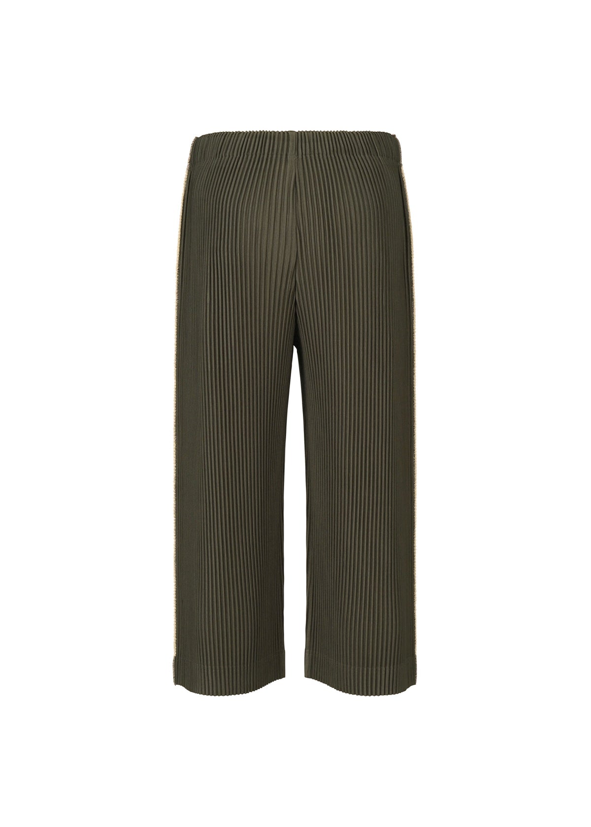 EMBROIDERY STRIPES wide-leg cropped pants by HOMME PLISSÉ ISSEY MIYAKE, featuring an olive green hue, ribbed and pleated texture, elastic waistband, and straight hem—these stylish cropped pants are photographed against a white background. view 3 of 7