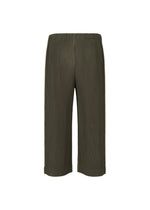 EMBROIDERY STRIPES wide-leg cropped pants by HOMME PLISSÉ ISSEY MIYAKE, featuring an olive green hue, ribbed and pleated texture, elastic waistband, and straight hem—these stylish cropped pants are photographed against a white background.