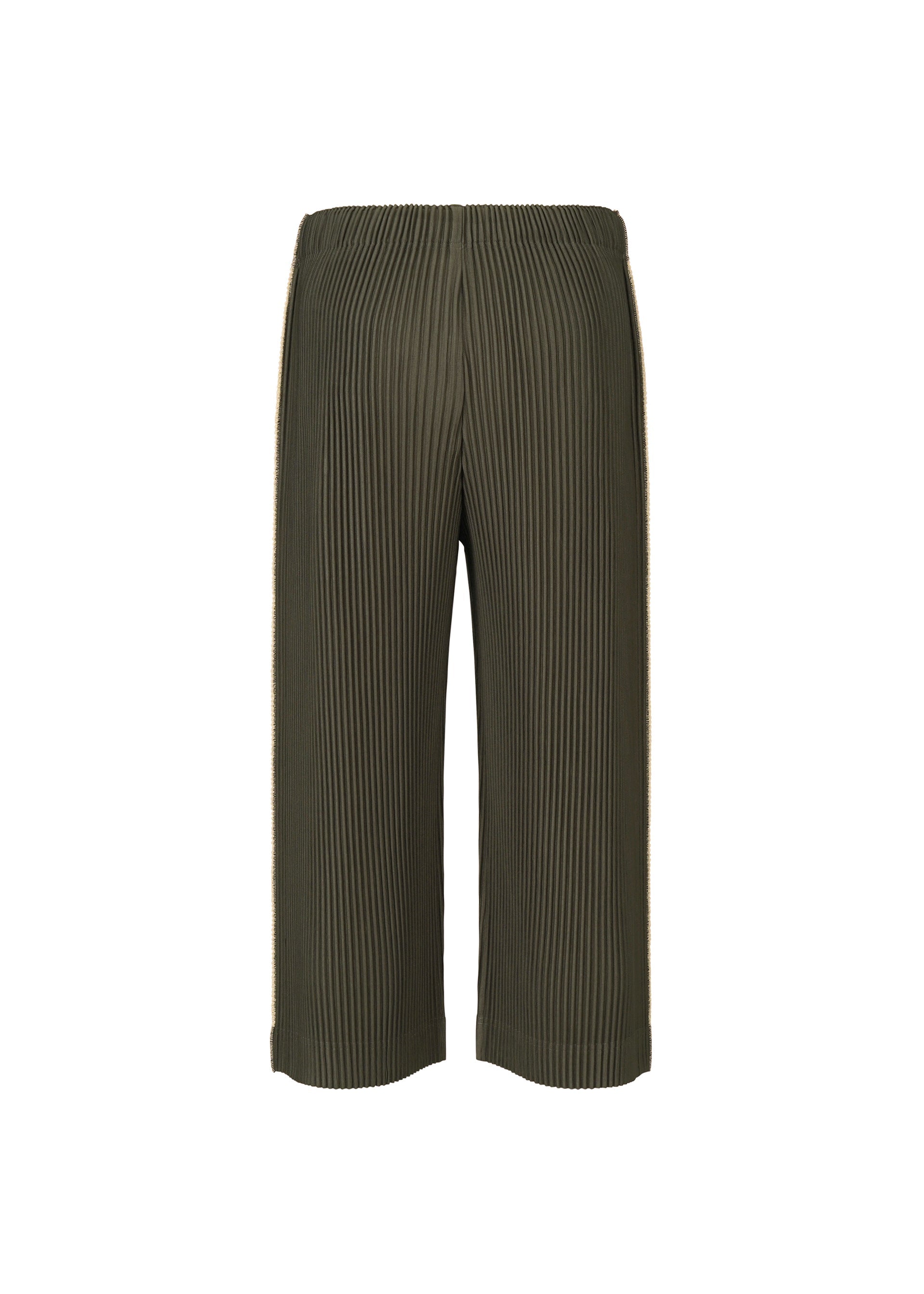 Zoomed view EMBROIDERY STRIPES wide-leg cropped pants by HOMME PLISSÉ ISSEY MIYAKE, featuring an olive green hue, ribbed and pleated texture, elastic waistband, and straight hem—these stylish cropped pants are photographed against a white background.