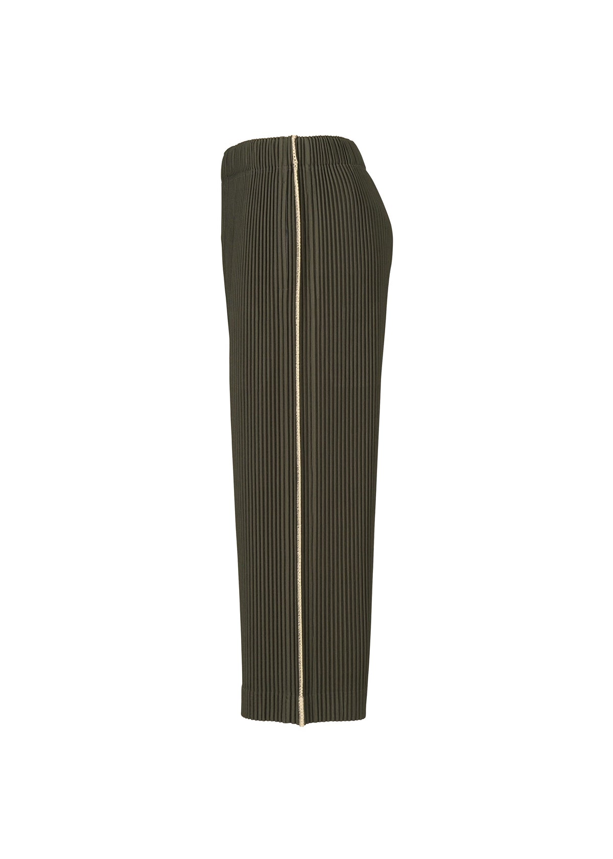 Side view of the EMBROIDERY STRIPES skirt by HOMME PLISSÉ ISSEY MIYAKE in a long, olive-green pleated design, featuring a vertical beige zipper from waist to hem—ideal for pairing with sheer pants for a contemporary layered style—displayed against a plain white background. view 4 of 7
