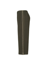 Side view of the EMBROIDERY STRIPES skirt by HOMME PLISSÉ ISSEY MIYAKE in a long, olive-green pleated design, featuring a vertical beige zipper from waist to hem—ideal for pairing with sheer pants for a contemporary layered style—displayed against a plain white background.