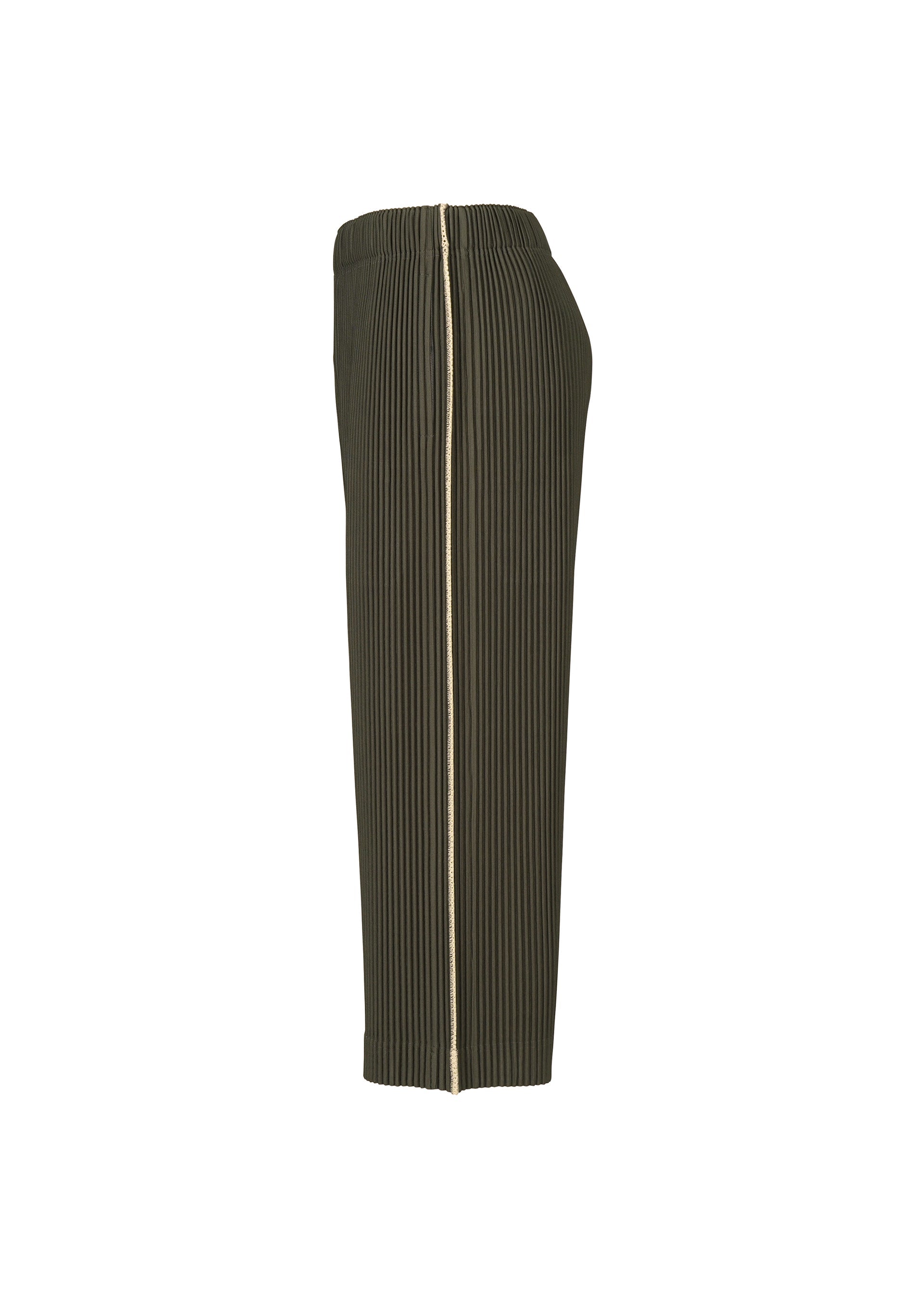 Zoomed view Side view of the EMBROIDERY STRIPES skirt by HOMME PLISSÉ ISSEY MIYAKE in a long, olive-green pleated design, featuring a vertical beige zipper from waist to hem—ideal for pairing with sheer pants for a contemporary layered style—displayed against a plain white background.