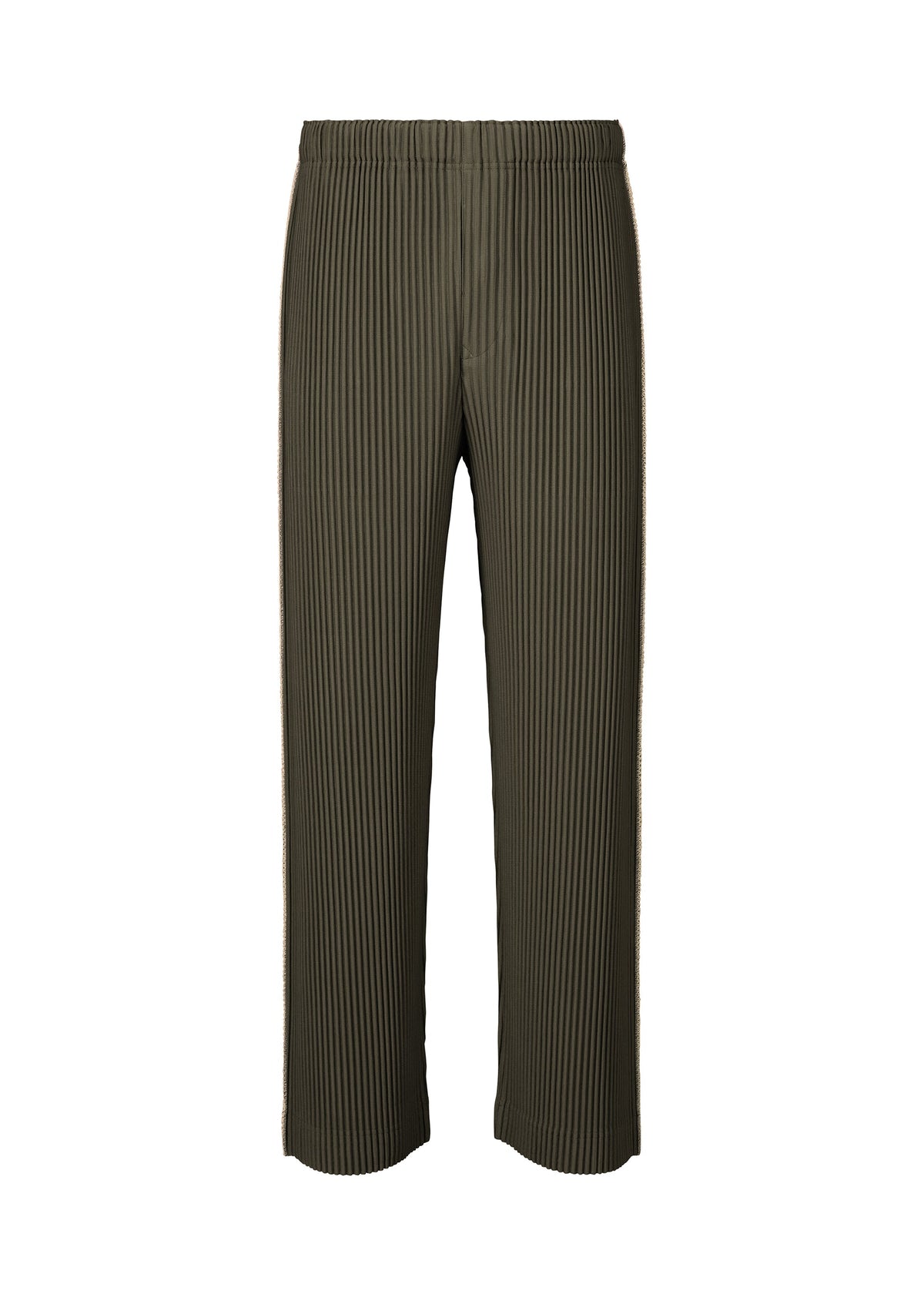 EMBROIDERY STRIPES wide-leg pleated pants by HOMME PLISSÉ ISSEY MIYAKE in olive green, showcasing subtle beam-shaped embroidery and an elastic waistband, displayed against a plain white background. view 1 of 5