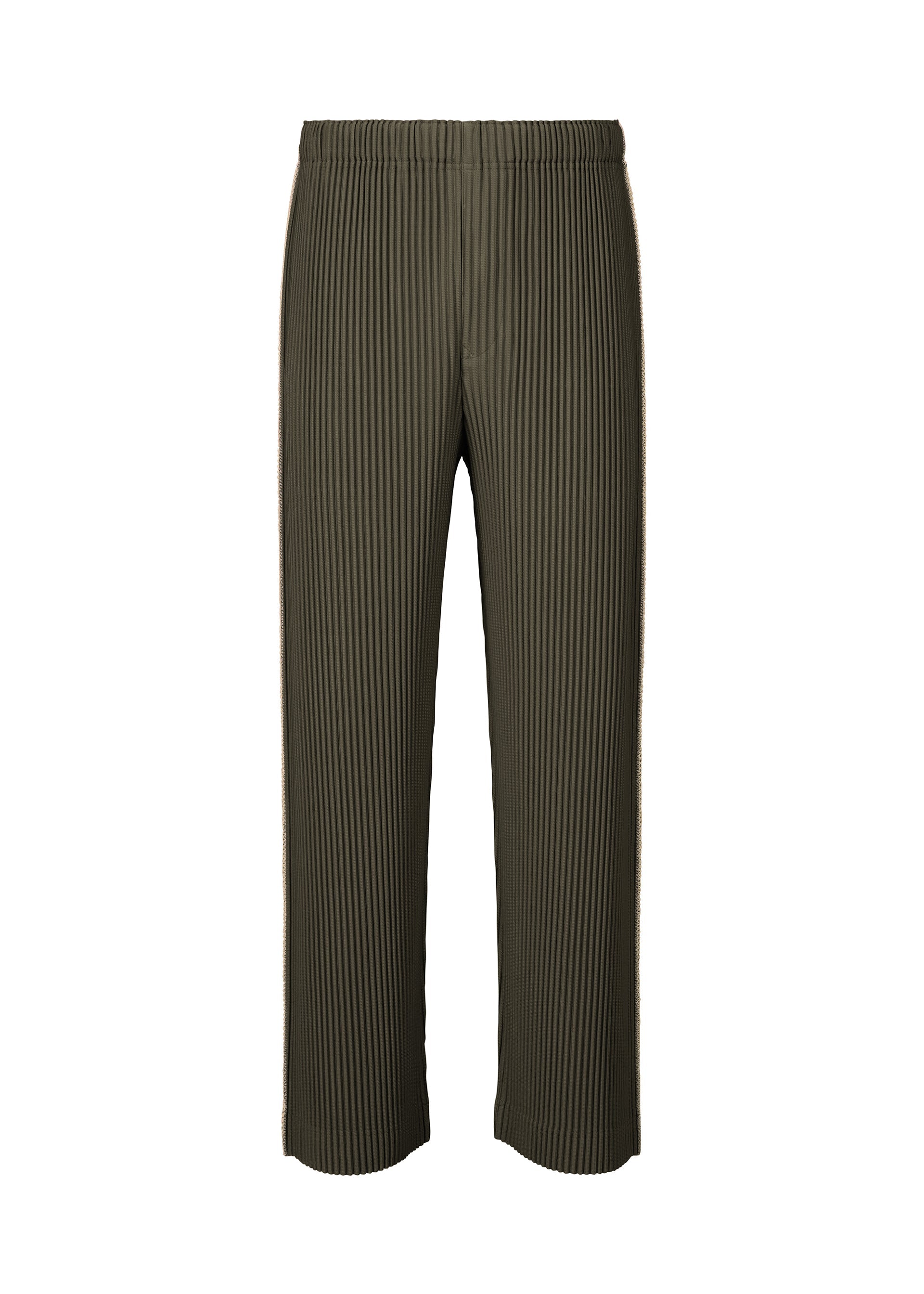Zoomed view EMBROIDERY STRIPES wide-leg pleated pants by HOMME PLISSÉ ISSEY MIYAKE in olive green, showcasing subtle beam-shaped embroidery and an elastic waistband, displayed against a plain white background. - SHADE GRAYISH BROWN （no.47）