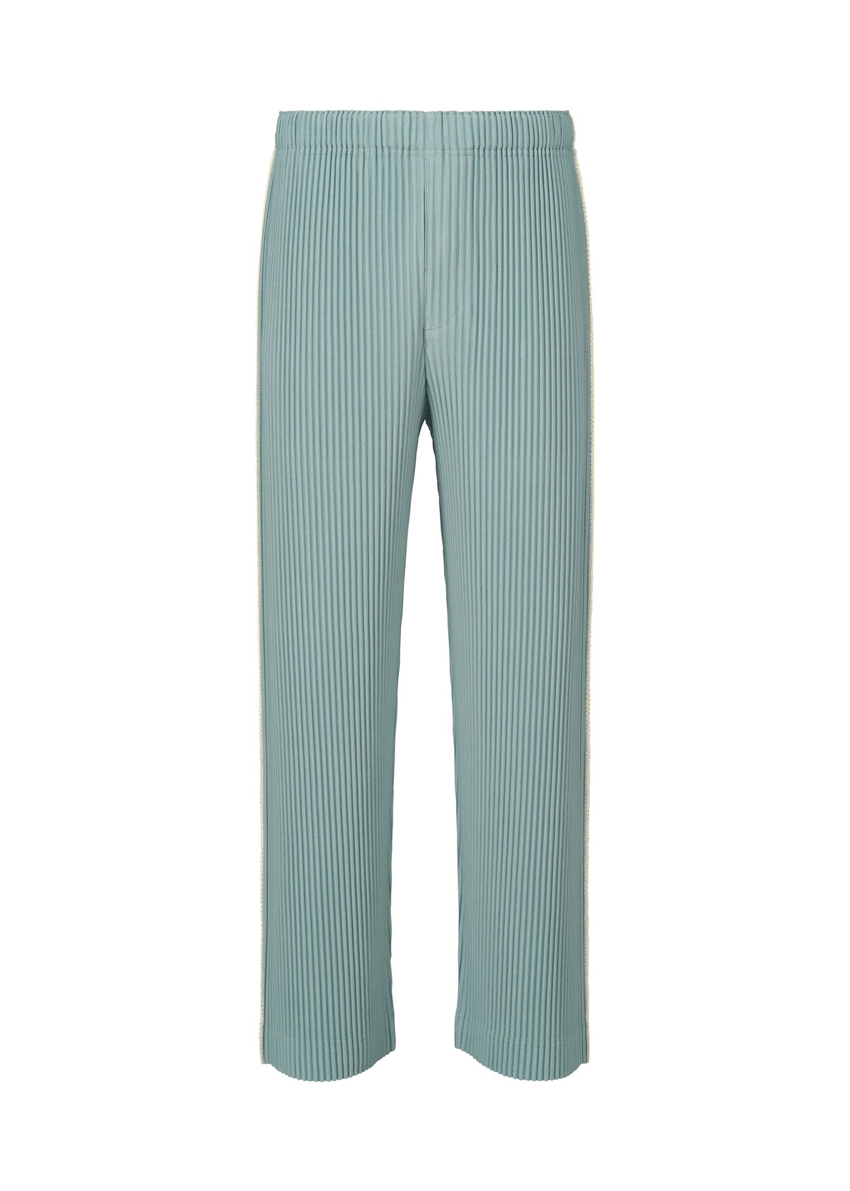 EMBROIDERY STRIPES straight-leg pants by HOMME PLISSÉ ISSEY MIYAKE in light blue, featuring a ribbed texture, elastic waistband, and a subtle sheer effect, displayed front-facing against a plain white background. view 2 of 5