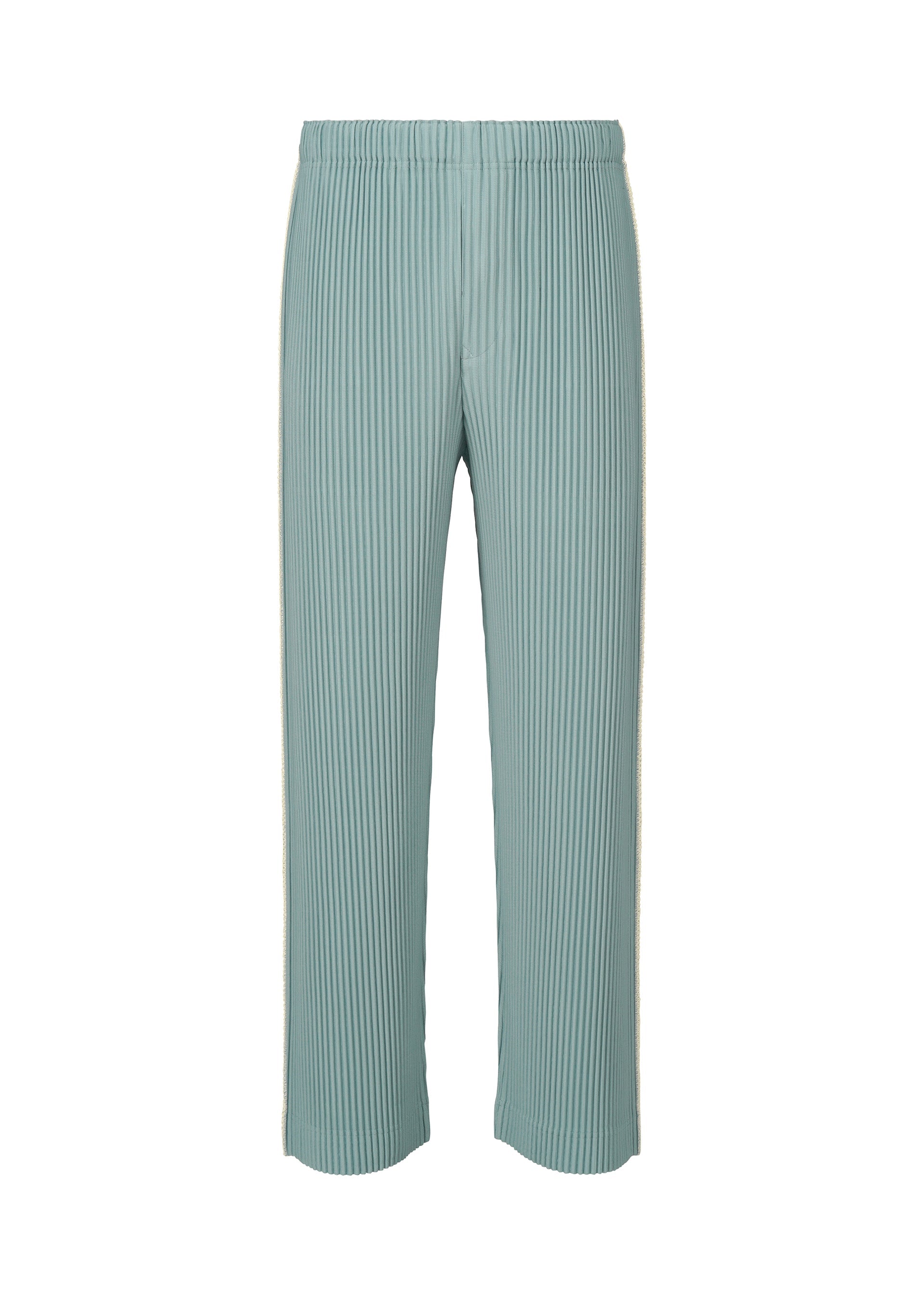 Zoomed view EMBROIDERY STRIPES straight-leg pants by HOMME PLISSÉ ISSEY MIYAKE in light blue, featuring a ribbed texture, elastic waistband, and a subtle sheer effect, displayed front-facing against a plain white background. - GLOOM BLUE （no.73）