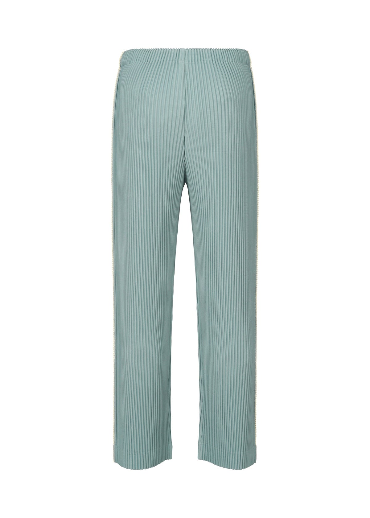 The EMBROIDERY STRIPES pants by HOMME PLISSÉ ISSEY MIYAKE feature a light blue color with pleats and an elastic waistband, showcasing a straight-leg silhouette and vertical ribbed texture. Delicate beam-shaped embroidery subtly accents the design, creating a sheer impression. The pants are displayed against a white background. view 3 of 5