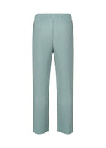 The EMBROIDERY STRIPES pants by HOMME PLISSÉ ISSEY MIYAKE feature a light blue color with pleats and an elastic waistband, showcasing a straight-leg silhouette and vertical ribbed texture. Delicate beam-shaped embroidery subtly accents the design, creating a sheer impression. The pants are displayed against a white background.