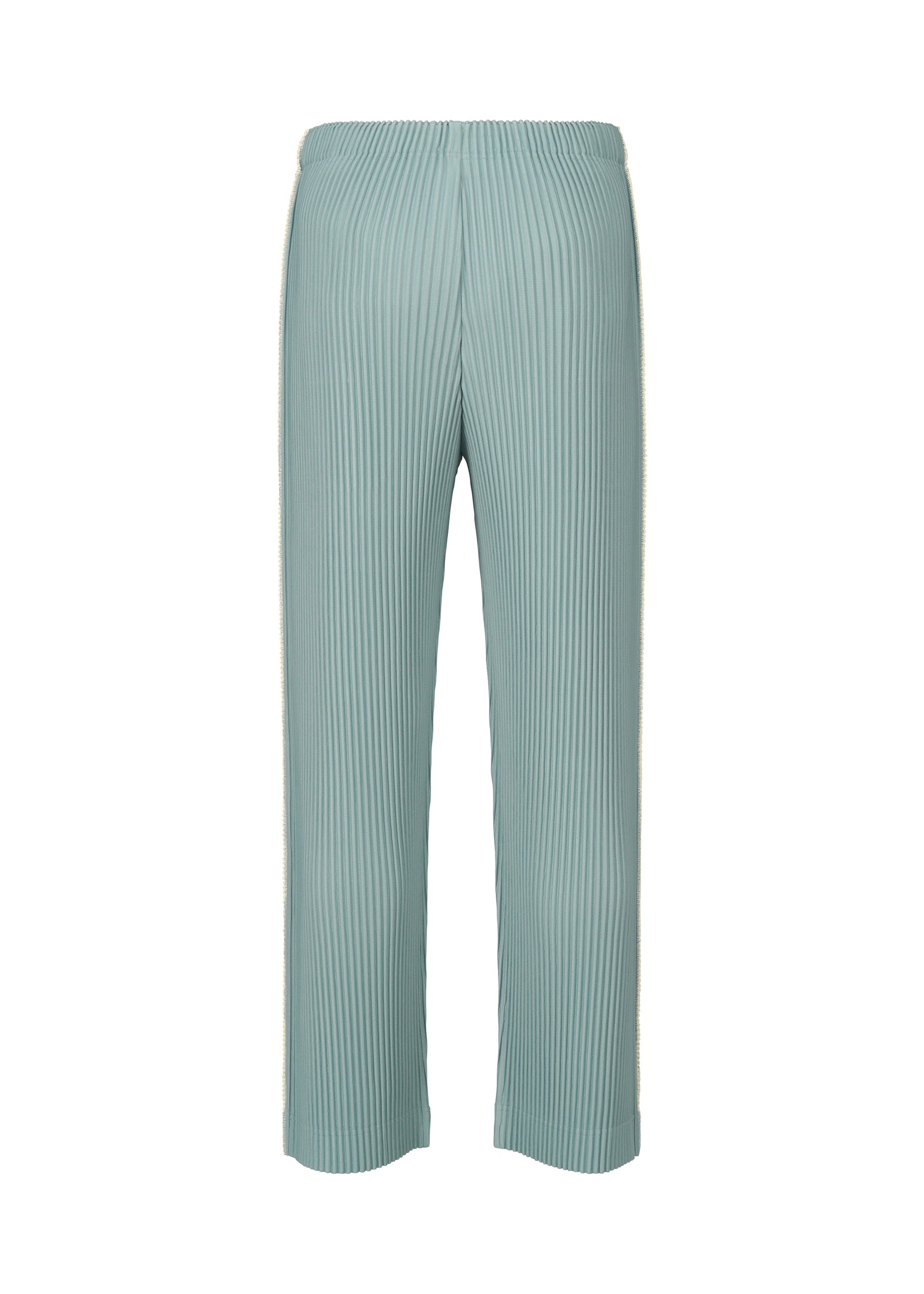 Zoomed view The EMBROIDERY STRIPES pants by HOMME PLISSÉ ISSEY MIYAKE feature a light blue color with pleats and an elastic waistband, showcasing a straight-leg silhouette and vertical ribbed texture. Delicate beam-shaped embroidery subtly accents the design, creating a sheer impression. The pants are displayed against a white background.