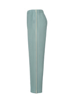 Side view of the EMBROIDERY STRIPES pants by HOMME PLISSÉ ISSEY MIYAKE in light blue, featuring a ribbed, textured fabric with a sheer impression. These straight-leg pants have an elastic waistband, a white vertical seam down the center, and beam-shaped embroidery along the legs.