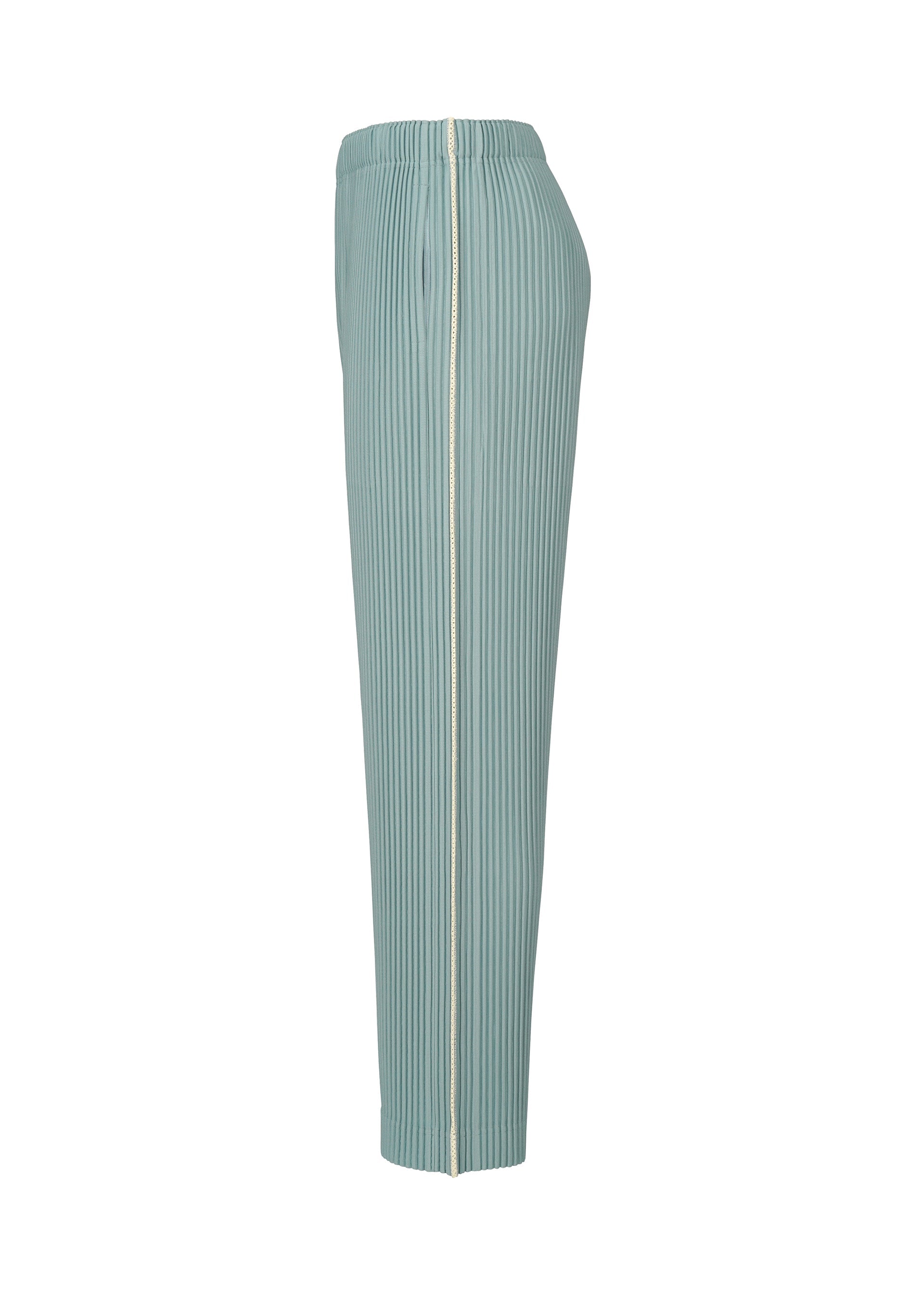 Zoomed view Side view of the EMBROIDERY STRIPES pants by HOMME PLISSÉ ISSEY MIYAKE in light blue, featuring a ribbed, textured fabric with a sheer impression. These straight-leg pants have an elastic waistband, a white vertical seam down the center, and beam-shaped embroidery along the legs.