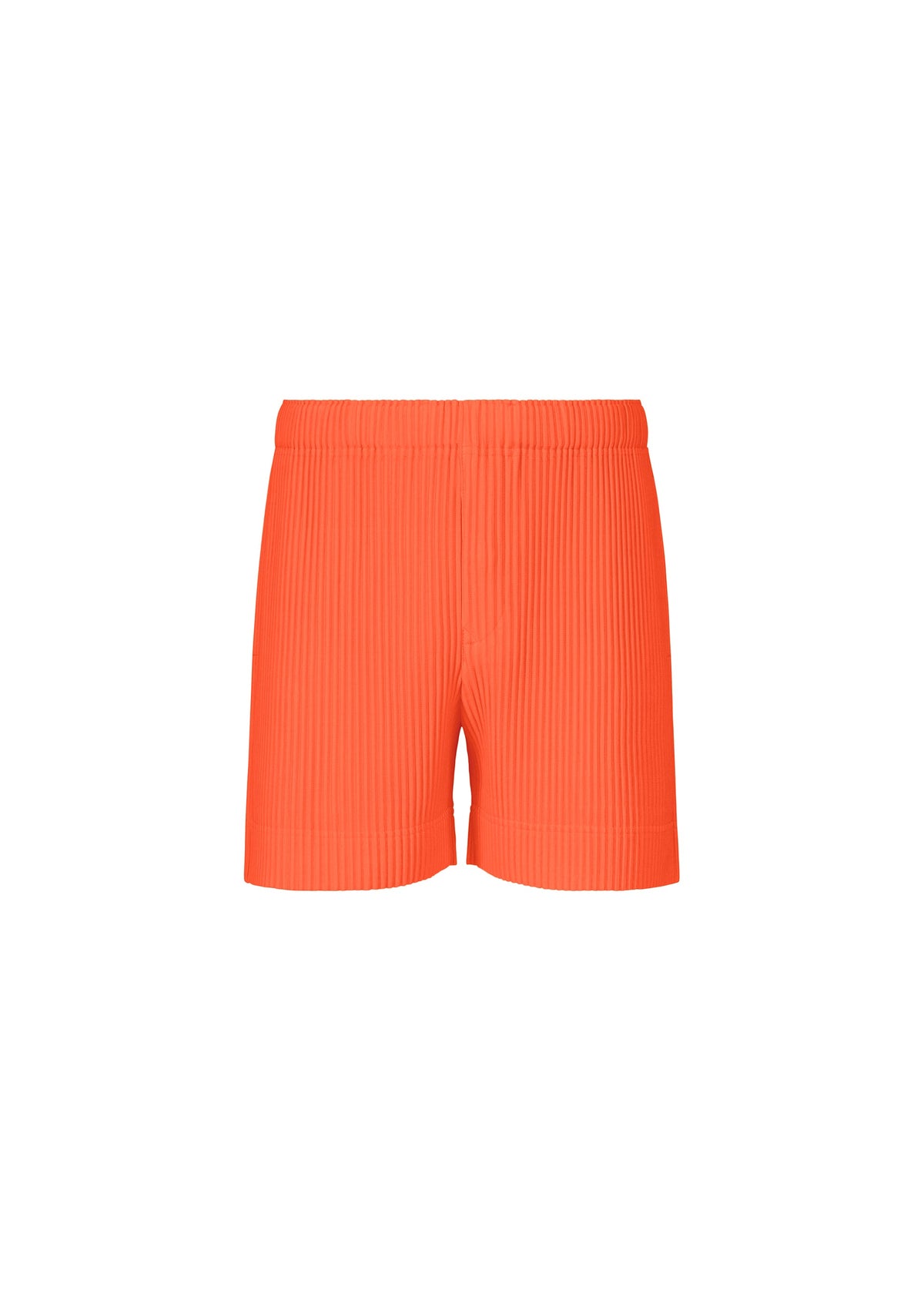COLOR PLEATS 1 sporty shorts by HOMME PLISSÉ ISSEY MIYAKE in vibrant orange, featuring a ribbed texture and elastic waistband, are showcased against a plain white background. Made from quick-drying polyester, these shorts offer a simple, straight fit with no visible logos or embellishments. view 1 of 10