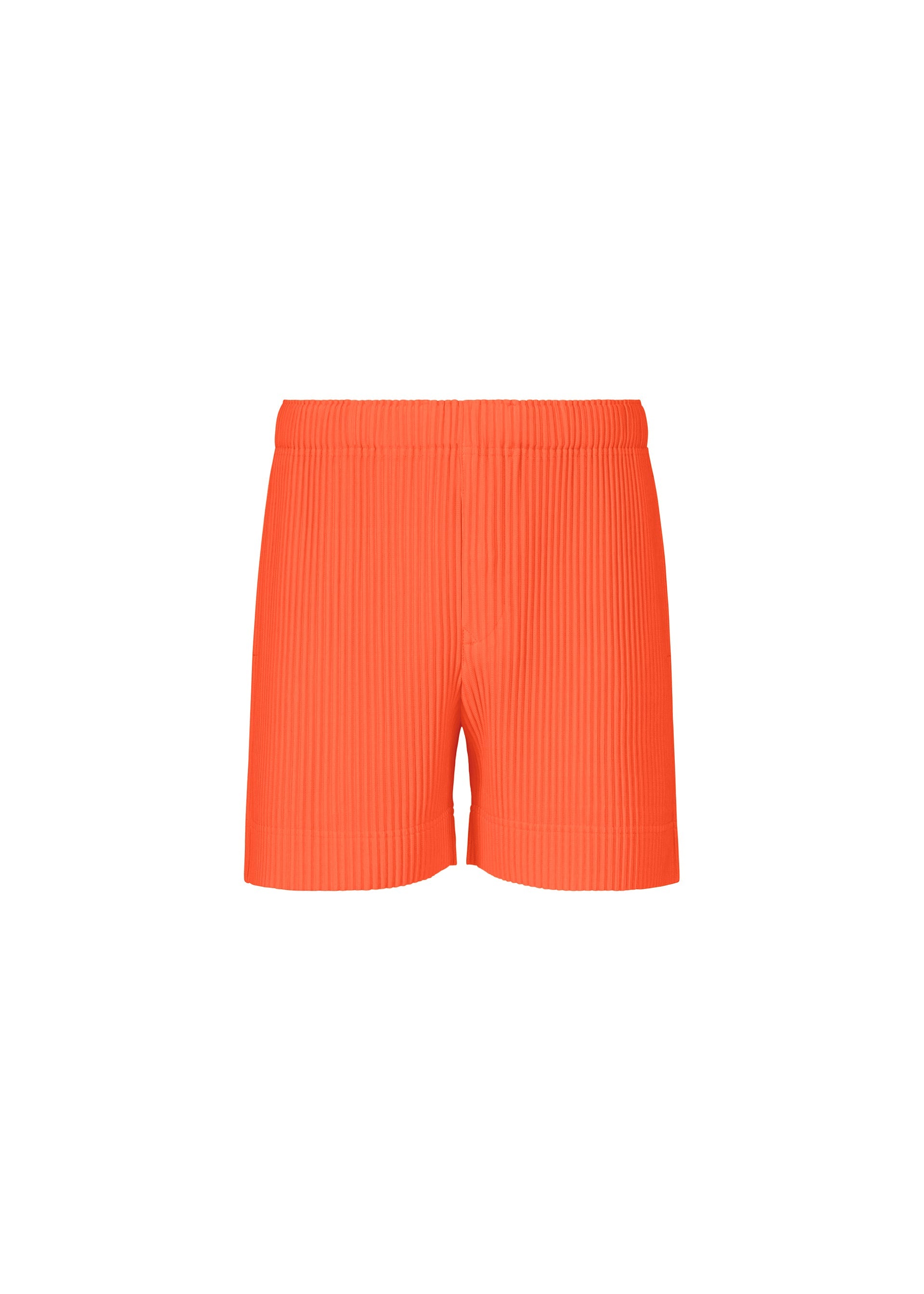 Zoomed view COLOR PLEATS 1 sporty shorts by HOMME PLISSÉ ISSEY MIYAKE in vibrant orange, featuring a ribbed texture and elastic waistband, are showcased against a plain white background. Made from quick-drying polyester, these shorts offer a simple, straight fit with no visible logos or embellishments. - FLASH RED （no.25）