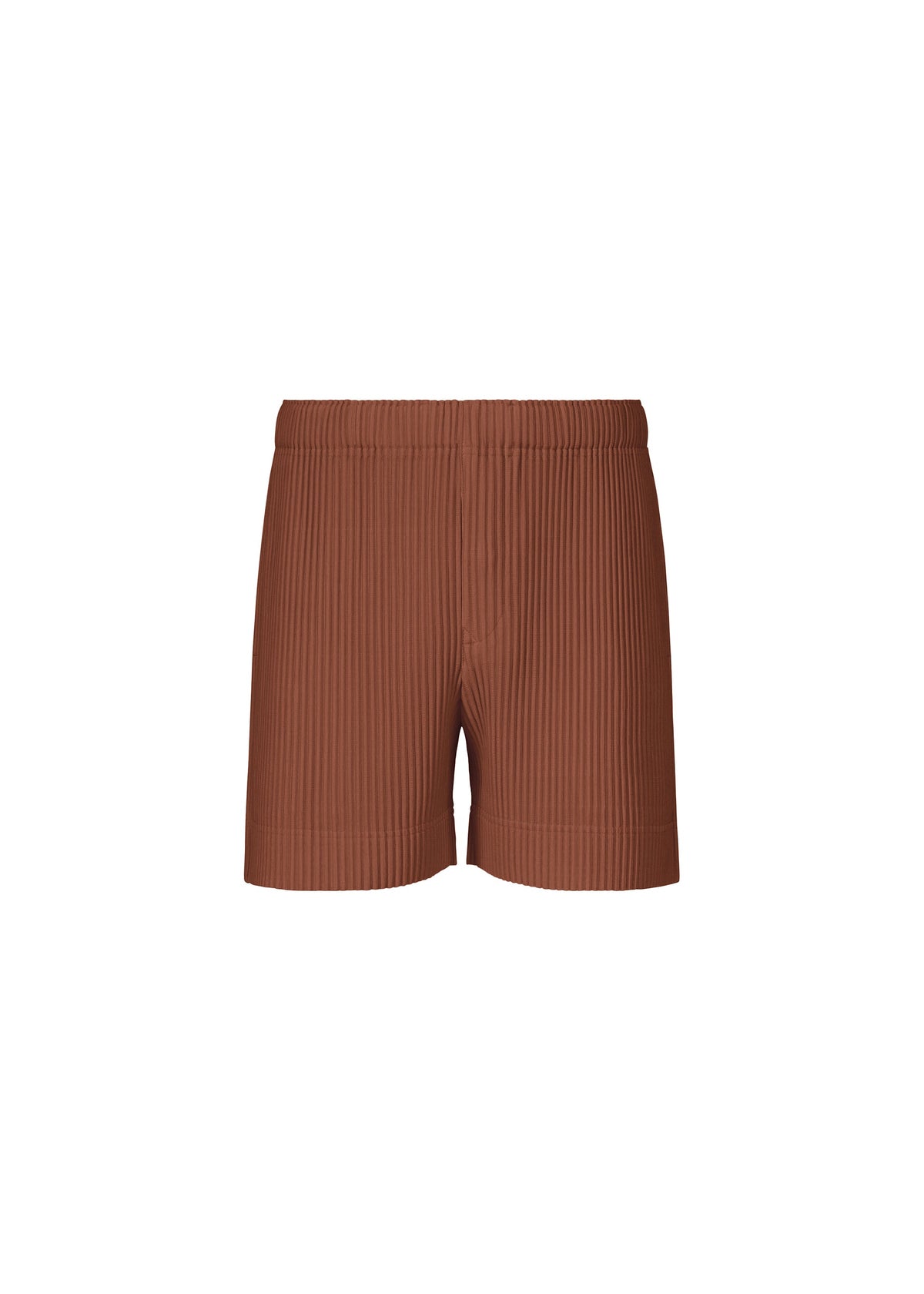 COLOR PLEATS 1 shorts by HOMME PLISSÉ ISSEY MIYAKE, featuring a brown ribbed design and an elastic waistband, made from quick-drying polyester and shown from the front against a plain white background. view 2 of 10
