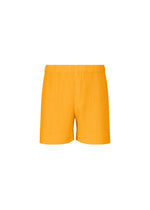 The COLOR PLEATS 1 shorts by HOMME PLISSÉ ISSEY MIYAKE are displayed against a plain white background, showcasing their vibrant yellow color, short length, elastic waistband, and quick-drying polyester fabric. - RAY YELLOW （no.53）