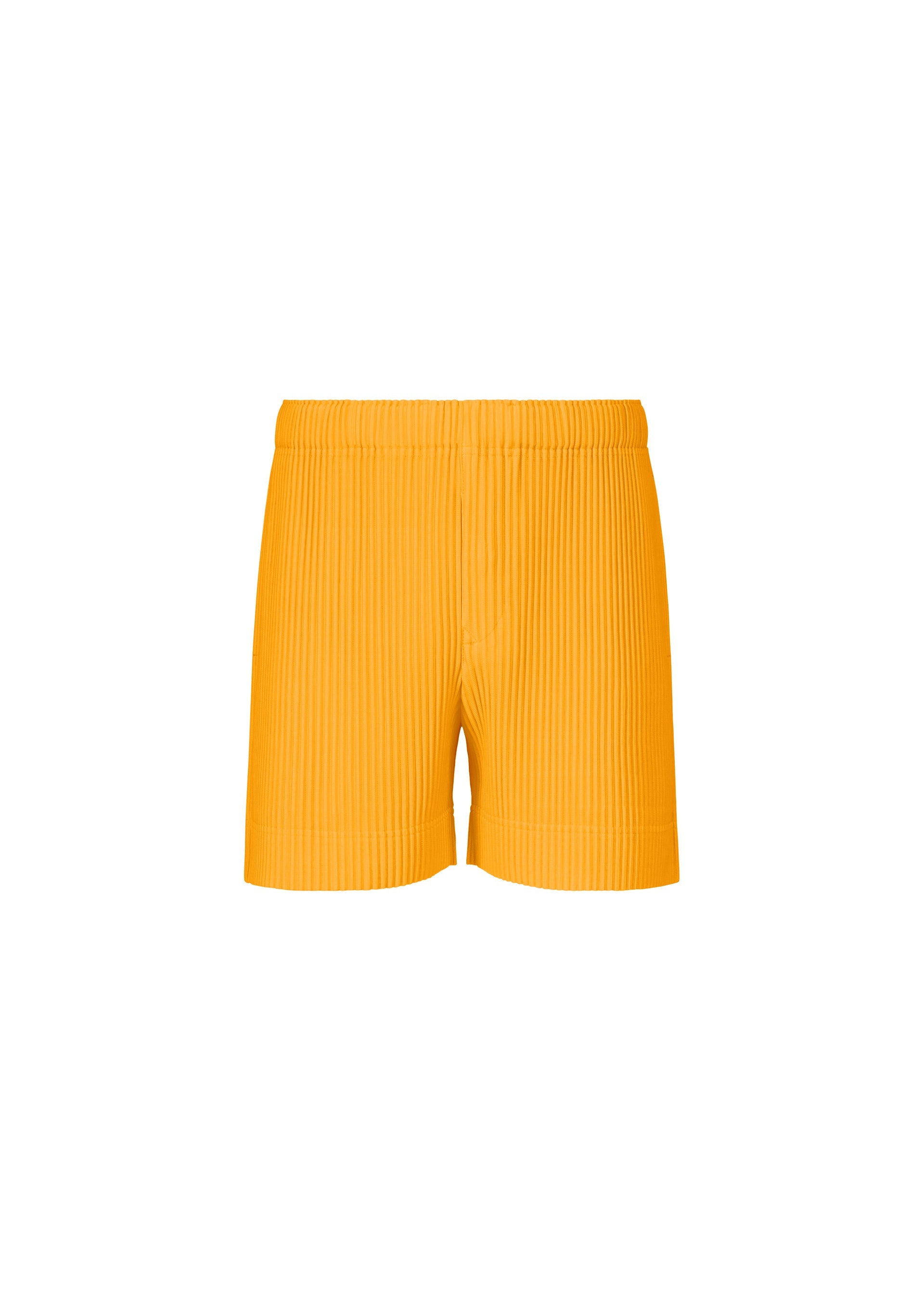 Zoomed view The COLOR PLEATS 1 shorts by HOMME PLISSÉ ISSEY MIYAKE are displayed against a plain white background, showcasing their vibrant yellow color, short length, elastic waistband, and quick-drying polyester fabric. - RAY YELLOW （no.53）