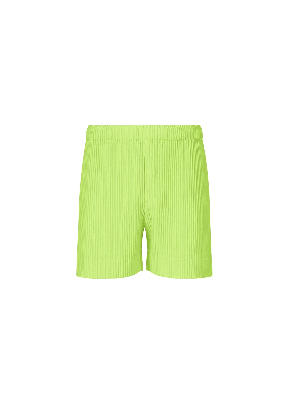 The COLOR PLEATS 1 shorts by HOMME PLISSÉ ISSEY MIYAKE, shown in neon green with a ribbed texture and elastic waistband, are crafted from quick-drying polyester for lasting comfort and displayed on a plain white background. view 4 of 10