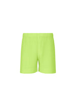 The COLOR PLEATS 1 shorts by HOMME PLISSÉ ISSEY MIYAKE, shown in neon green with a ribbed texture and elastic waistband, are crafted from quick-drying polyester for lasting comfort and displayed on a plain white background. - BRIGHT GREEN （no.63）
