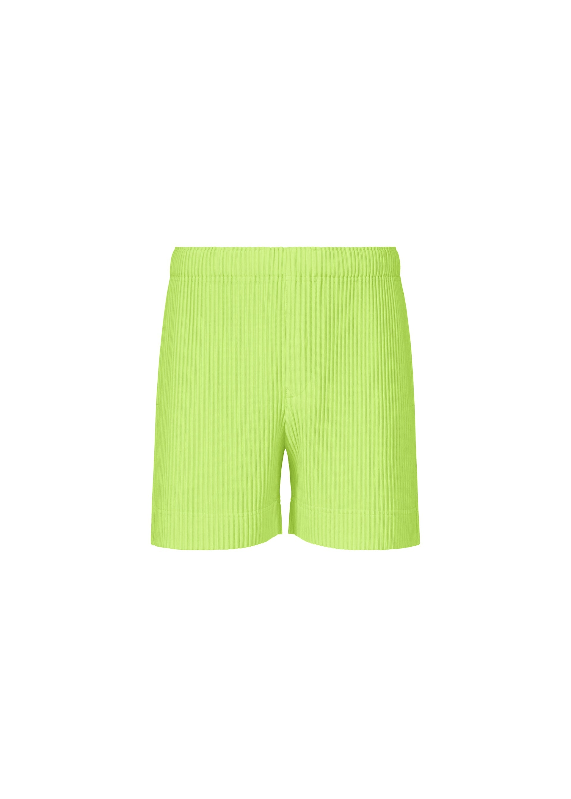 Zoomed view The COLOR PLEATS 1 shorts by HOMME PLISSÉ ISSEY MIYAKE, shown in neon green with a ribbed texture and elastic waistband, are crafted from quick-drying polyester for lasting comfort and displayed on a plain white background. - BRIGHT GREEN （no.63）