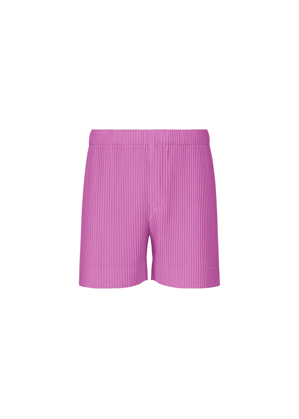 COLOR PLEATS 1 sporty shorts by HOMME PLISSÉ ISSEY MIYAKE, crafted from quick-drying polyester with an elastic waistband and distinctive pink ribbed texture, shown against a plain white background. view 5 of 10