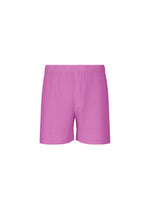COLOR PLEATS 1 sporty shorts by HOMME PLISSÉ ISSEY MIYAKE, crafted from quick-drying polyester with an elastic waistband and distinctive pink ribbed texture, shown against a plain white background. - SHINE PURPLE （no.82）