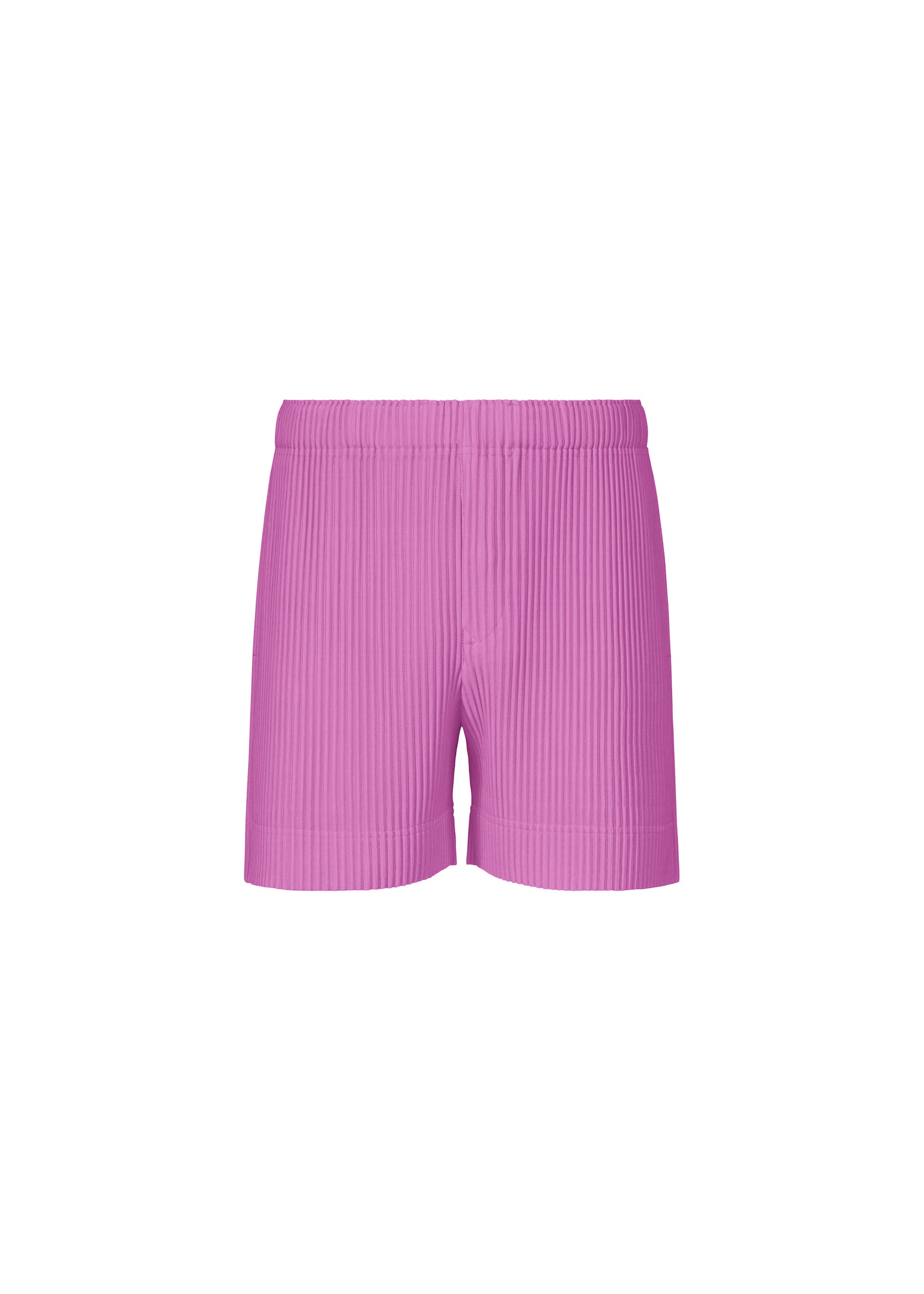 Zoomed view COLOR PLEATS 1 sporty shorts by HOMME PLISSÉ ISSEY MIYAKE, crafted from quick-drying polyester with an elastic waistband and distinctive pink ribbed texture, shown against a plain white background. - SHINE PURPLE （no.82）