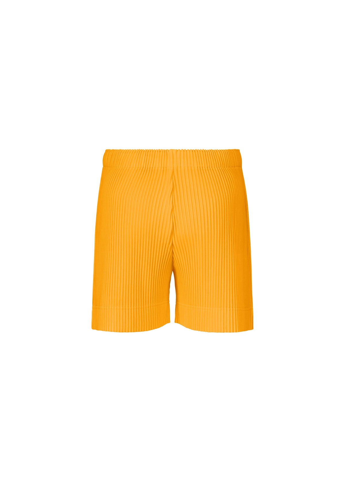 Vivid orange, pleated sporty shorts from HOMME PLISSÉ ISSEY MIYAKE’s COLOR PLEATS 1 collection, featuring an elastic waistband and a straight silhouette. Shown against a plain white background, these boldly colored shorts forgo any visible logos or patterns for a versatile, eye-catching activewear staple. view 6 of 10