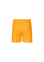 Vivid orange, pleated sporty shorts from HOMME PLISSÉ ISSEY MIYAKE’s COLOR PLEATS 1 collection, featuring an elastic waistband and a straight silhouette. Shown against a plain white background, these boldly colored shorts forgo any visible logos or patterns for a versatile, eye-catching activewear staple.