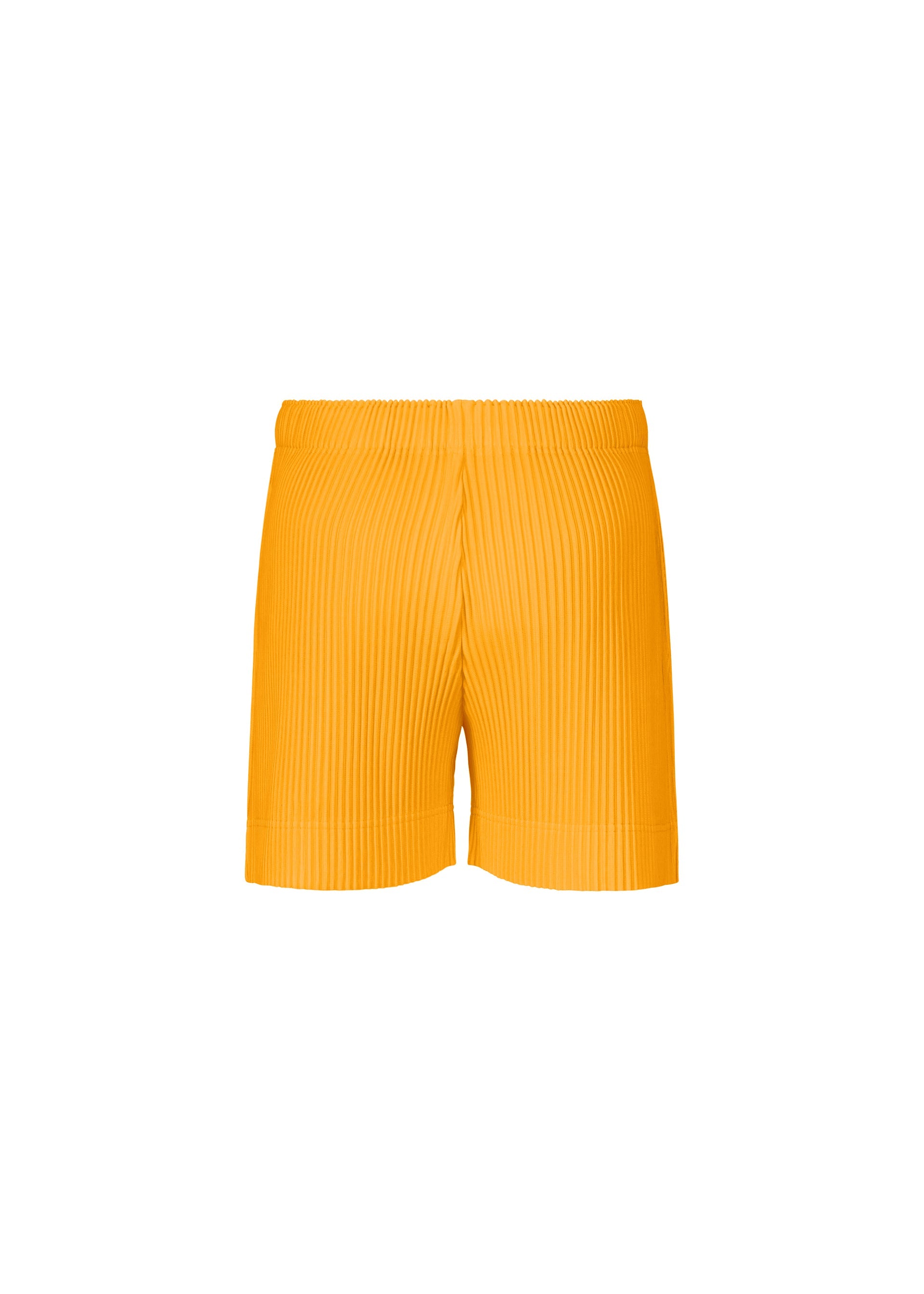 Zoomed view Vivid orange, pleated sporty shorts from HOMME PLISSÉ ISSEY MIYAKE’s COLOR PLEATS 1 collection, featuring an elastic waistband and a straight silhouette. Shown against a plain white background, these boldly colored shorts forgo any visible logos or patterns for a versatile, eye-catching activewear staple.