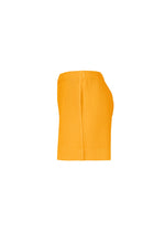 Side view of the HOMME PLISSÉ ISSEY MIYAKE COLOR PLEATS 1—a bright orange, ribbed knit mini skirt with a snug fit and playful vibe—displayed against a plain white background.