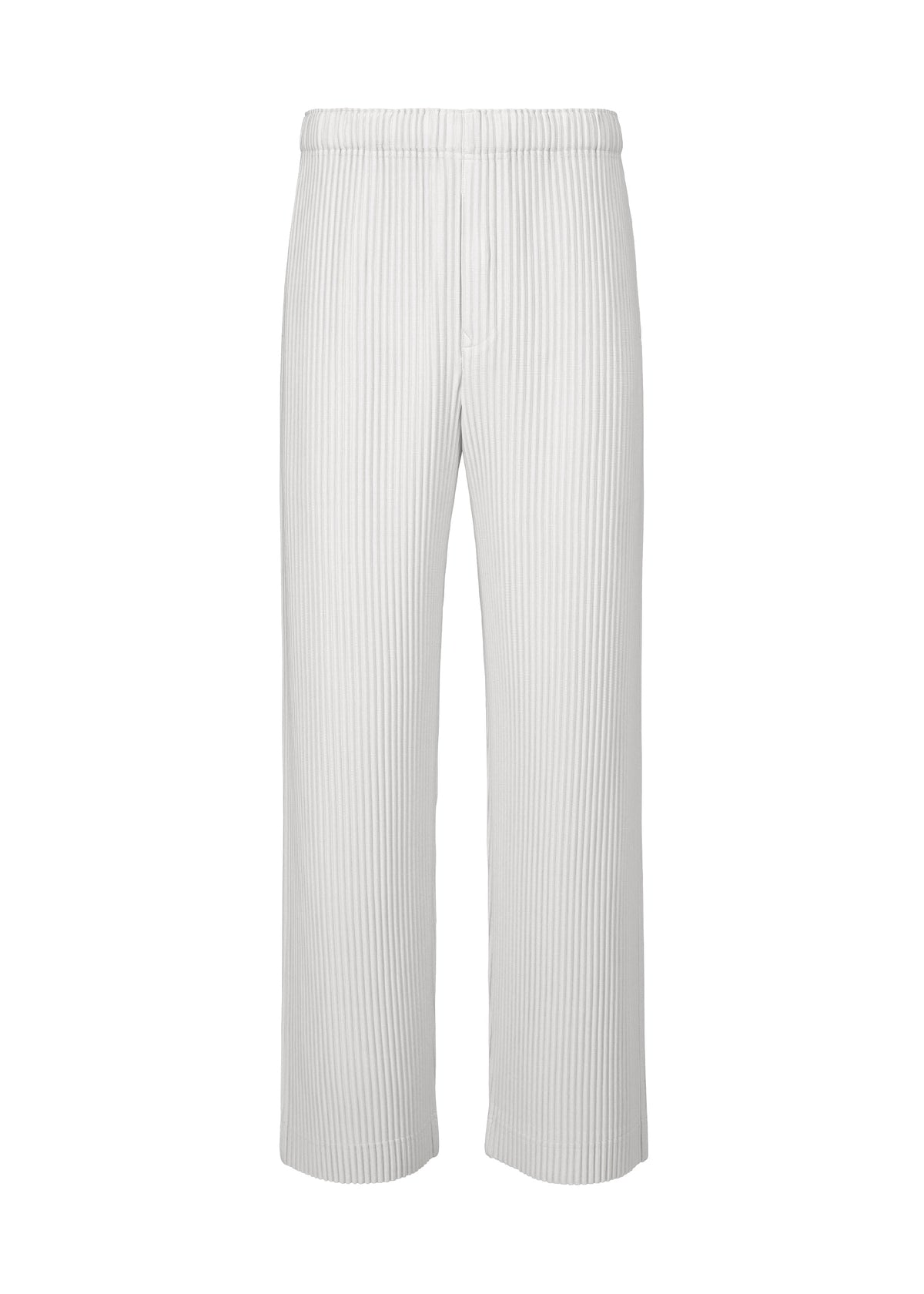 The COLOR PLEATS 2 pants by HOMME PLISSÉ ISSEY MIYAKE are showcased against a plain white background, featuring a white, loose-fitting sporty straight silhouette with vertical pinstripes and a comfortable elastic waistband. Crafted from quick-drying polyester and finished with a practical drawcord waist, these pants seamlessly combine style and functionality. view 1 of 8