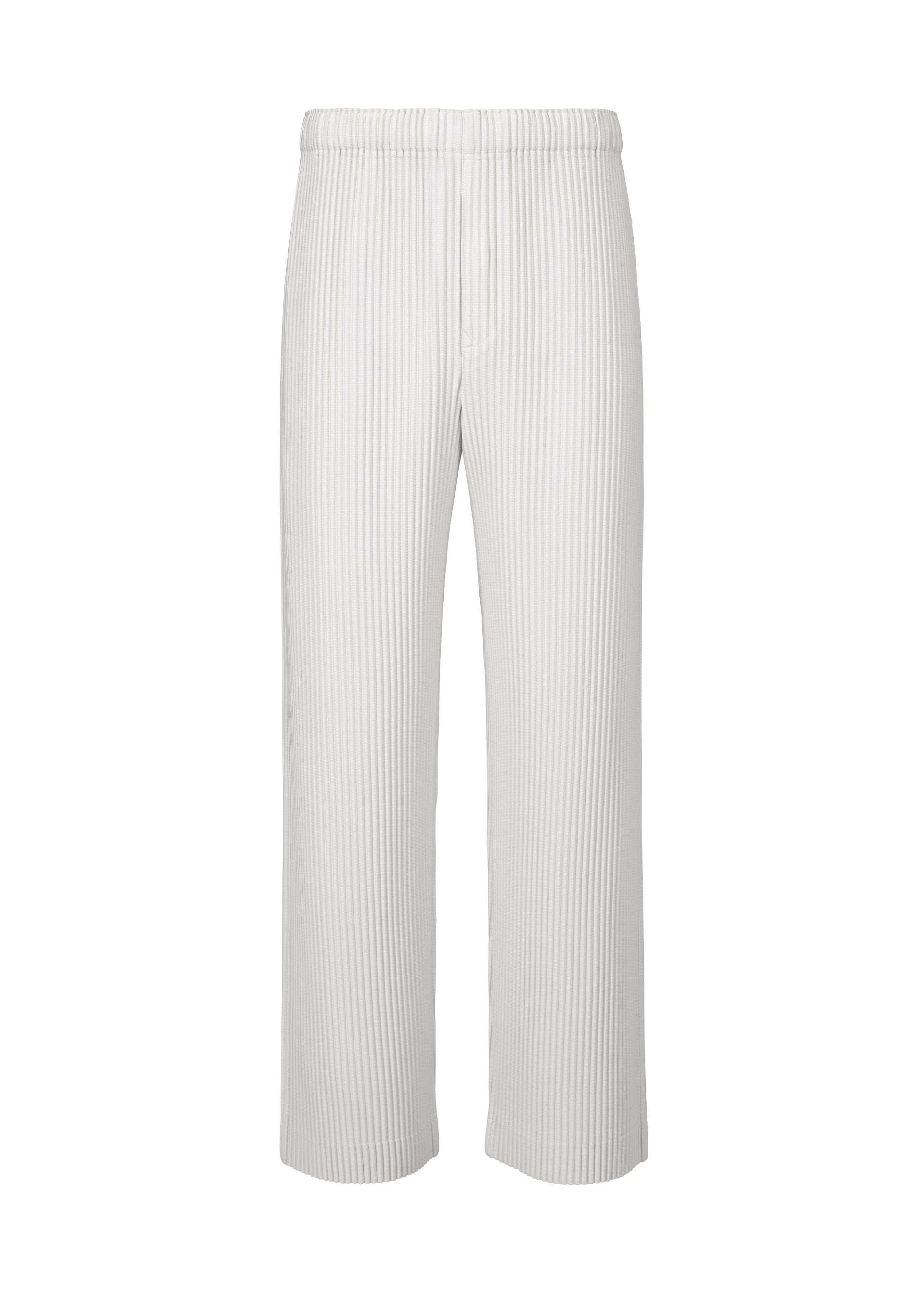 Zoomed view The COLOR PLEATS 2 pants by HOMME PLISSÉ ISSEY MIYAKE are showcased against a plain white background, featuring a white, loose-fitting sporty straight silhouette with vertical pinstripes and a comfortable elastic waistband. Crafted from quick-drying polyester and finished with a practical drawcord waist, these pants seamlessly combine style and functionality. - FLASH GRAY （no.10）